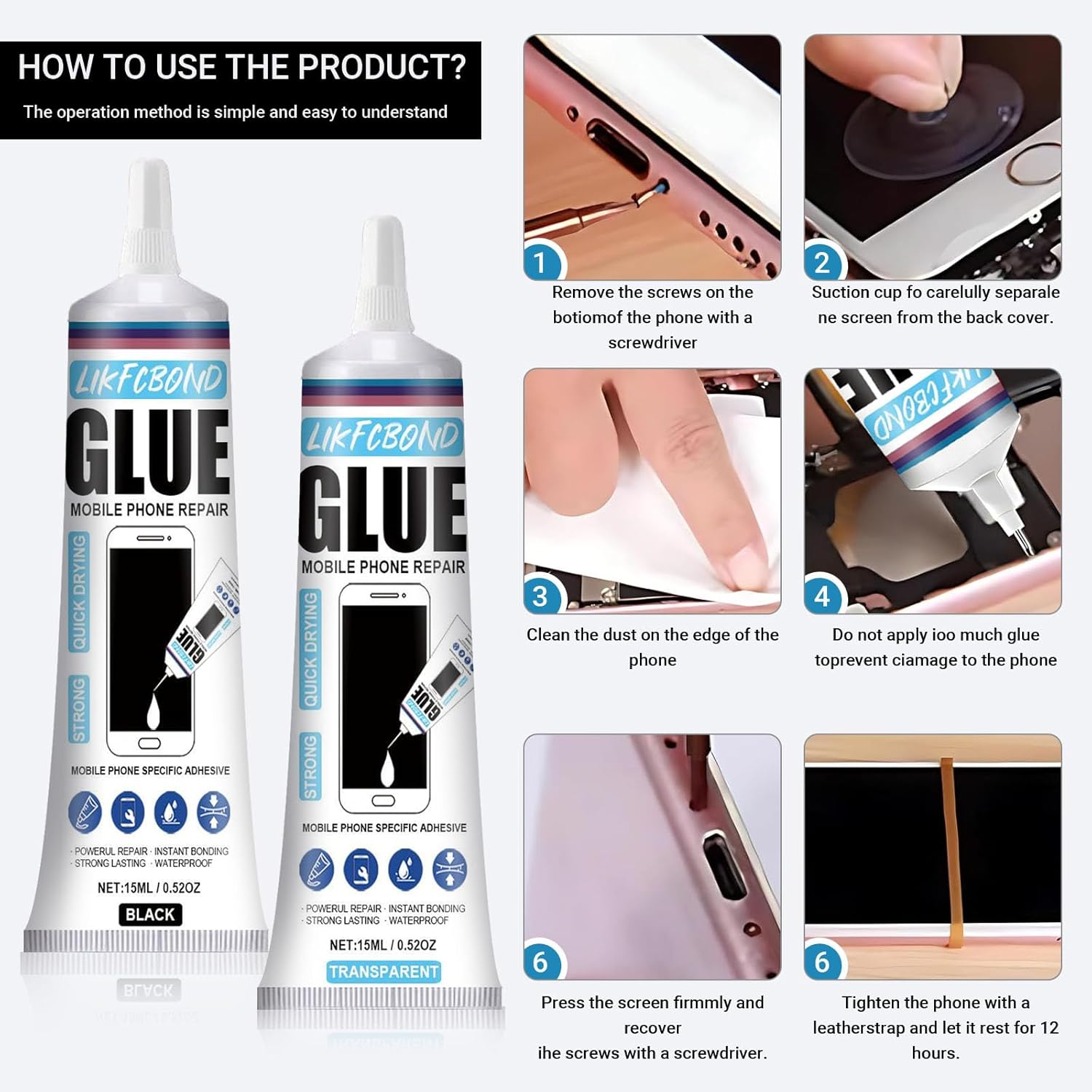 Thumbnail 3 de LIKFCBOND 2 Pièces 15ML Colle Écran Smartphone – Kit réparation précis et flexible