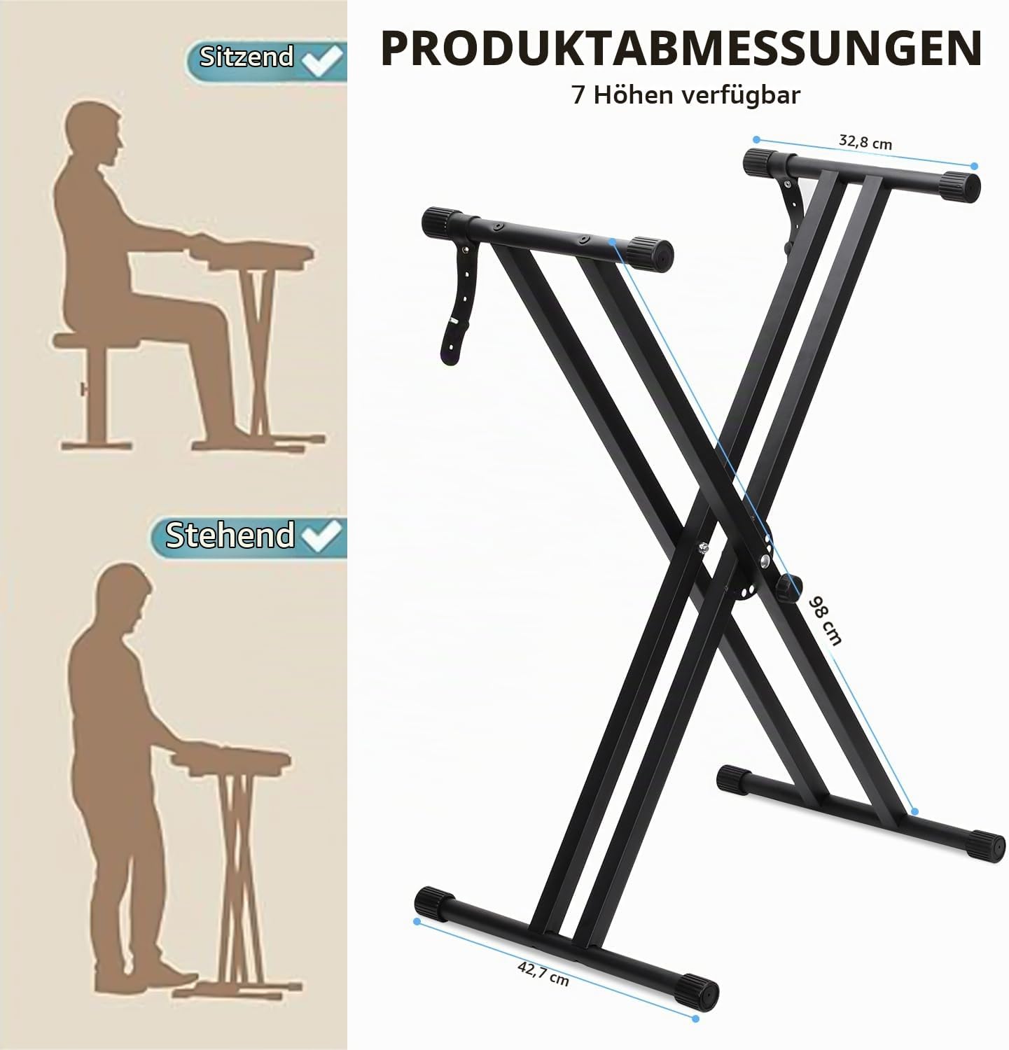 Detalle 2 de Dgddhjt Keyboardständer für E-Pianos – Doppel-X Stativ, verstellbar 30–97 cm, max. 90 kg, mit Verriegelungsriemen und Schnellspannmechanismus