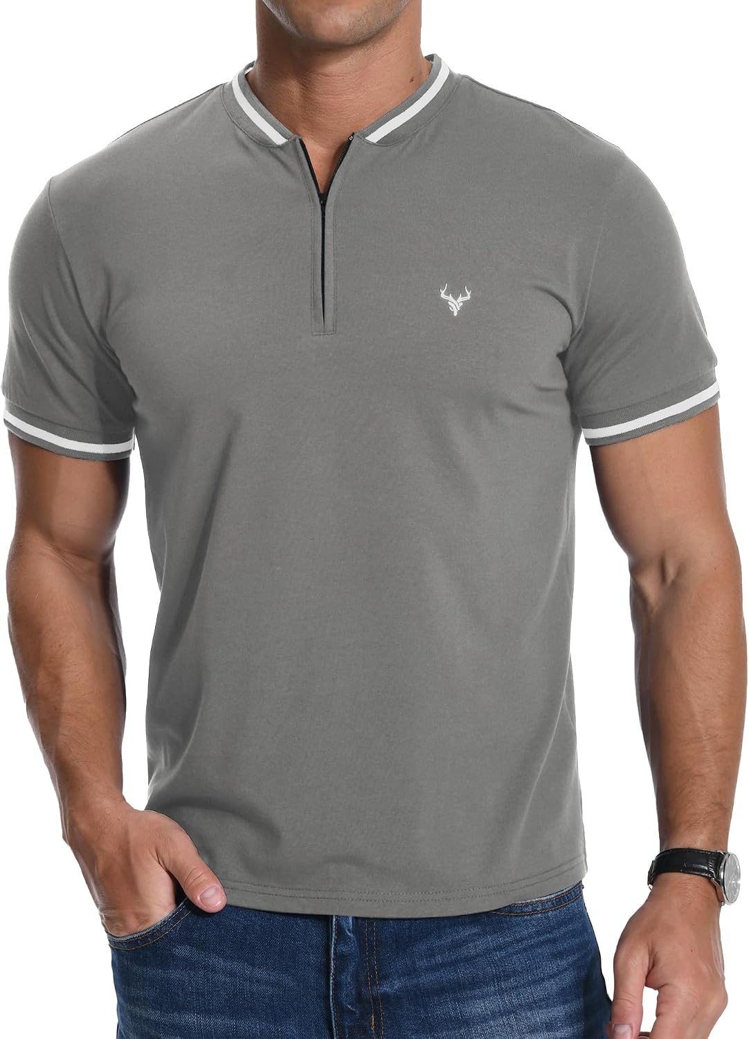 Detalle de KUYIGO Mens Zip Henley T-Shirt Deer Head Embroidery – Regular Slim Fit