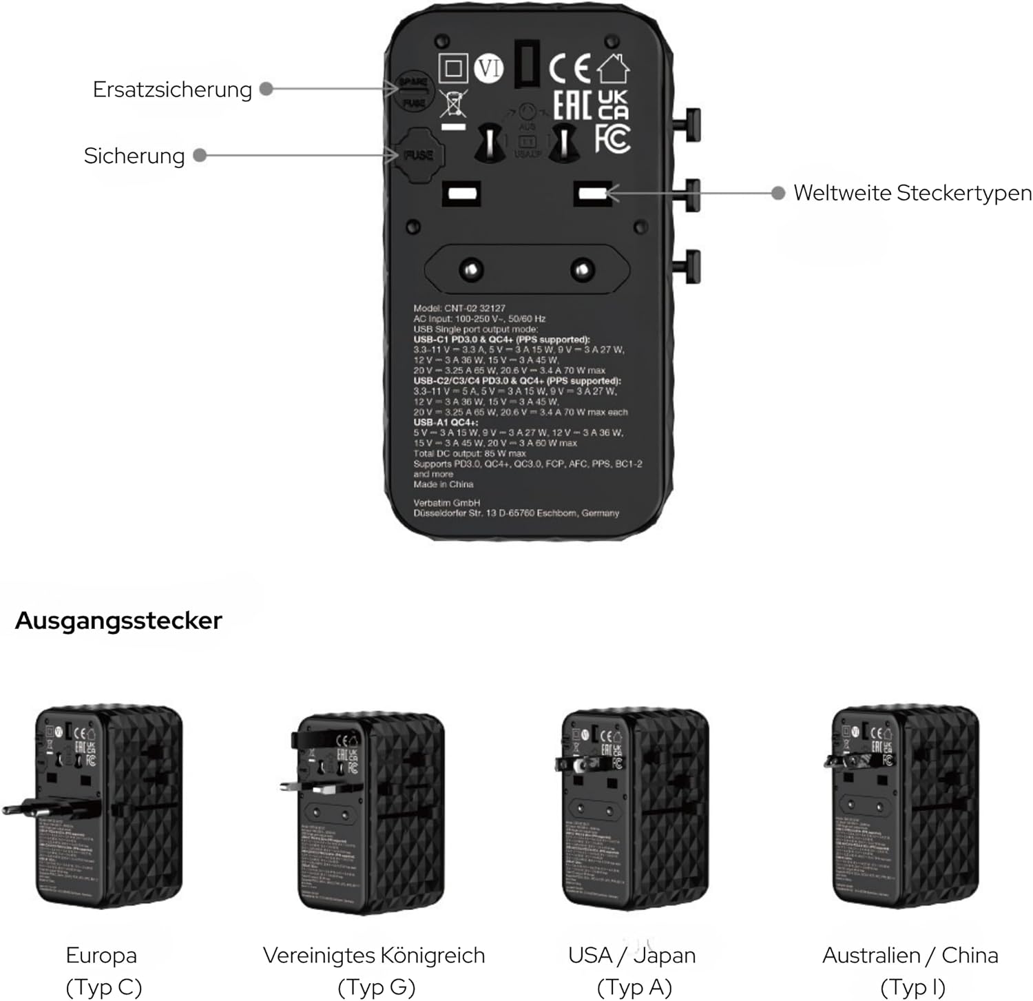 Thumbnail 2 de Verbatim GaN Universal Reiseadapter UTA-10 mit integriertem Kabel, 85 W und USB-A & 3 USB-C