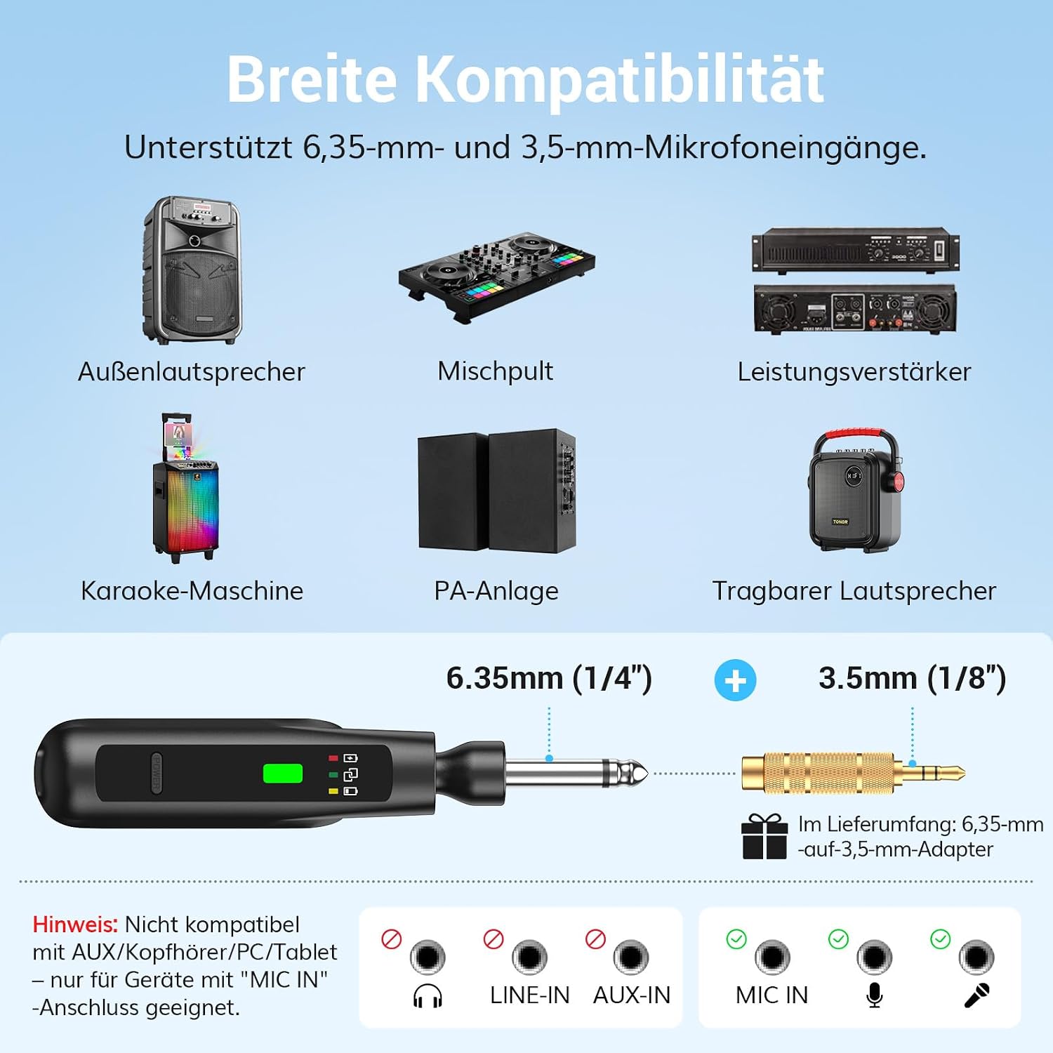 Detalle de TONOR TW-220: 2,4G Dual-Mikrofon-Kabelloses Set – Wiederaufladbare Funkmikrofone mit Empfänger (Karaoke & Auftritte)