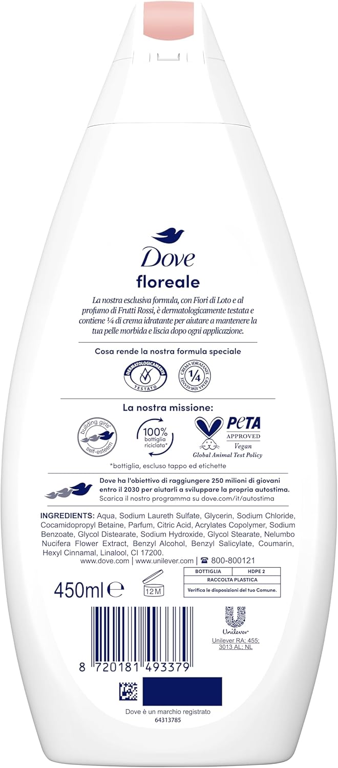 Detalle 2 de Dove Bagnodoccia Floreale Idratante Dermo-Naturale: flore di loto e frutti rossi, confezione riciclata