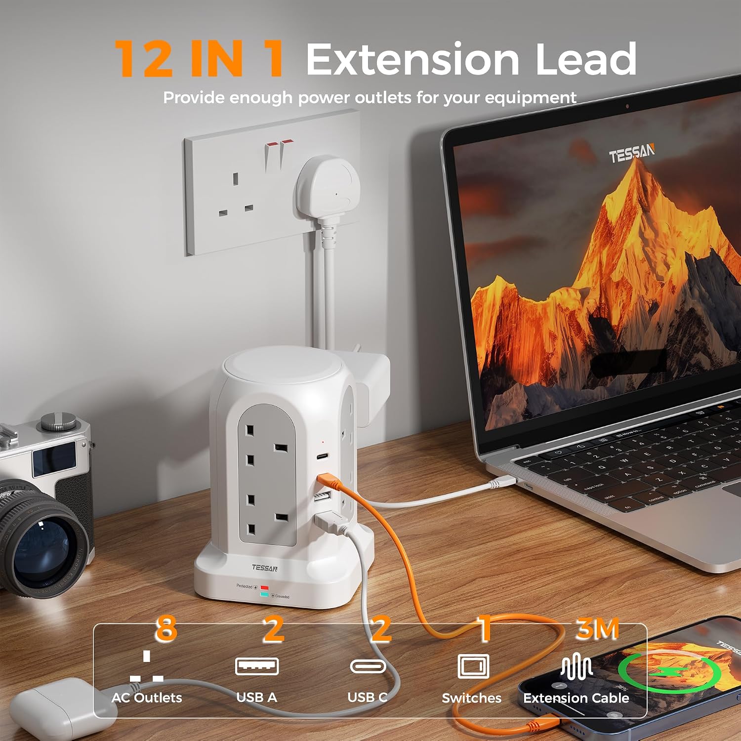 Detalle 2 de Tower Extension Lead 3m 8 Way with USB