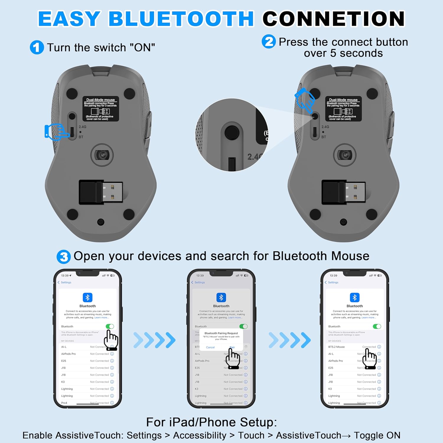 Thumbnail 2 de Azmall Ergonomische Silent-Funkmaus (2,4 GHz & Bluetooth) mit 3 DPI-Stufen und integriertem Mouse Jiggler – Hellrosa
