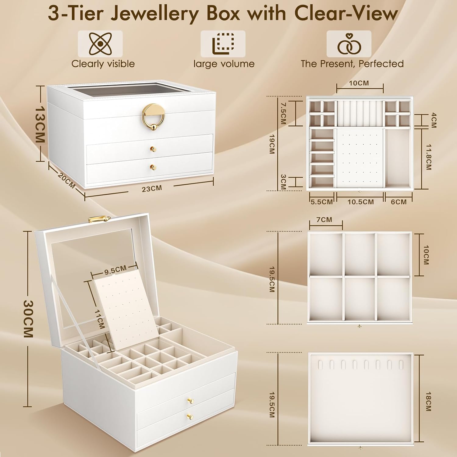 Thumbnail 2 de OrderlyGo Large Jewellery Box: 3-Tier, 2 Drawers Jewellery Organiser in Cloud White
