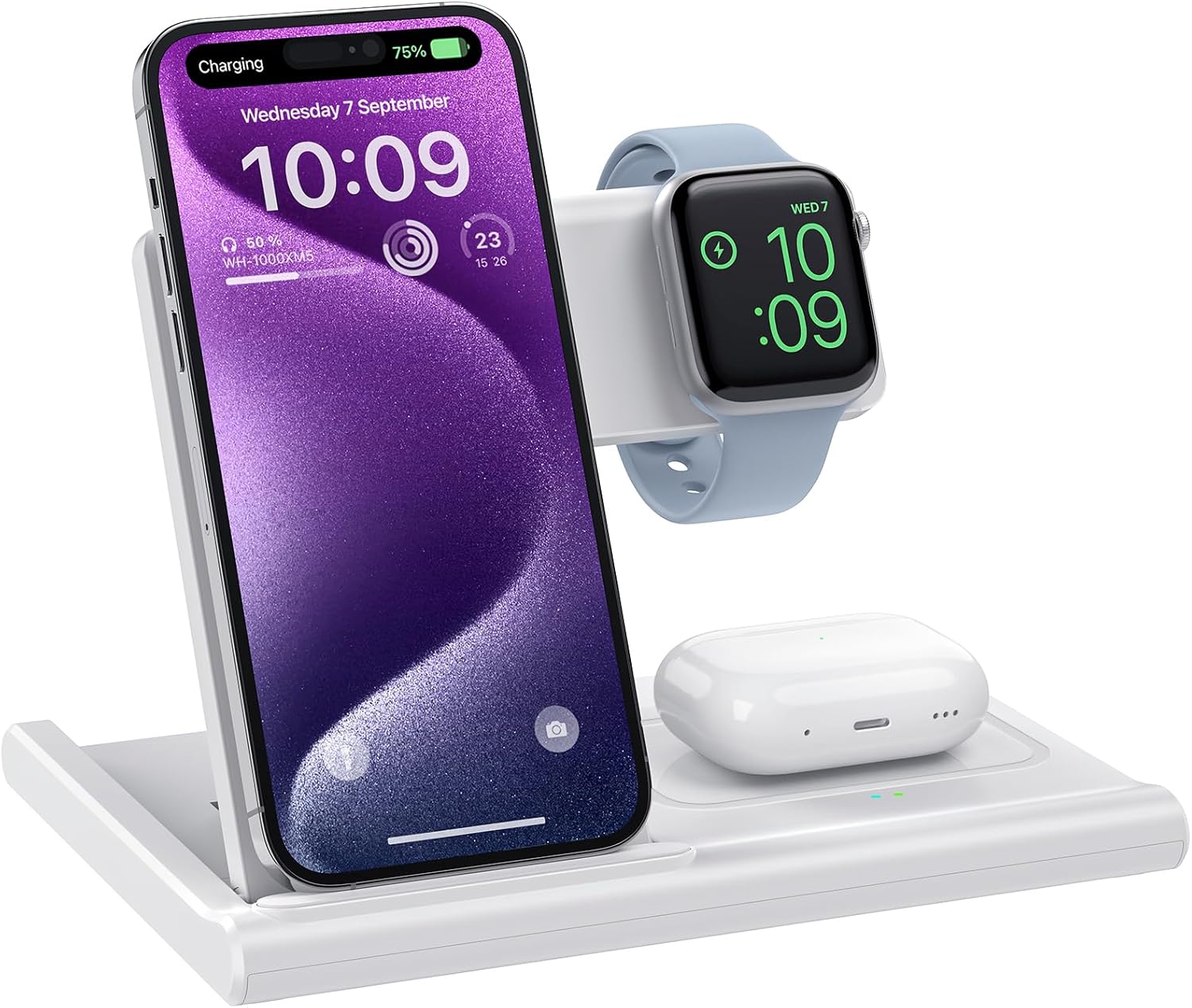 Detalle de Foldable 3‑in‑1 Wireless Charger Stand 10W