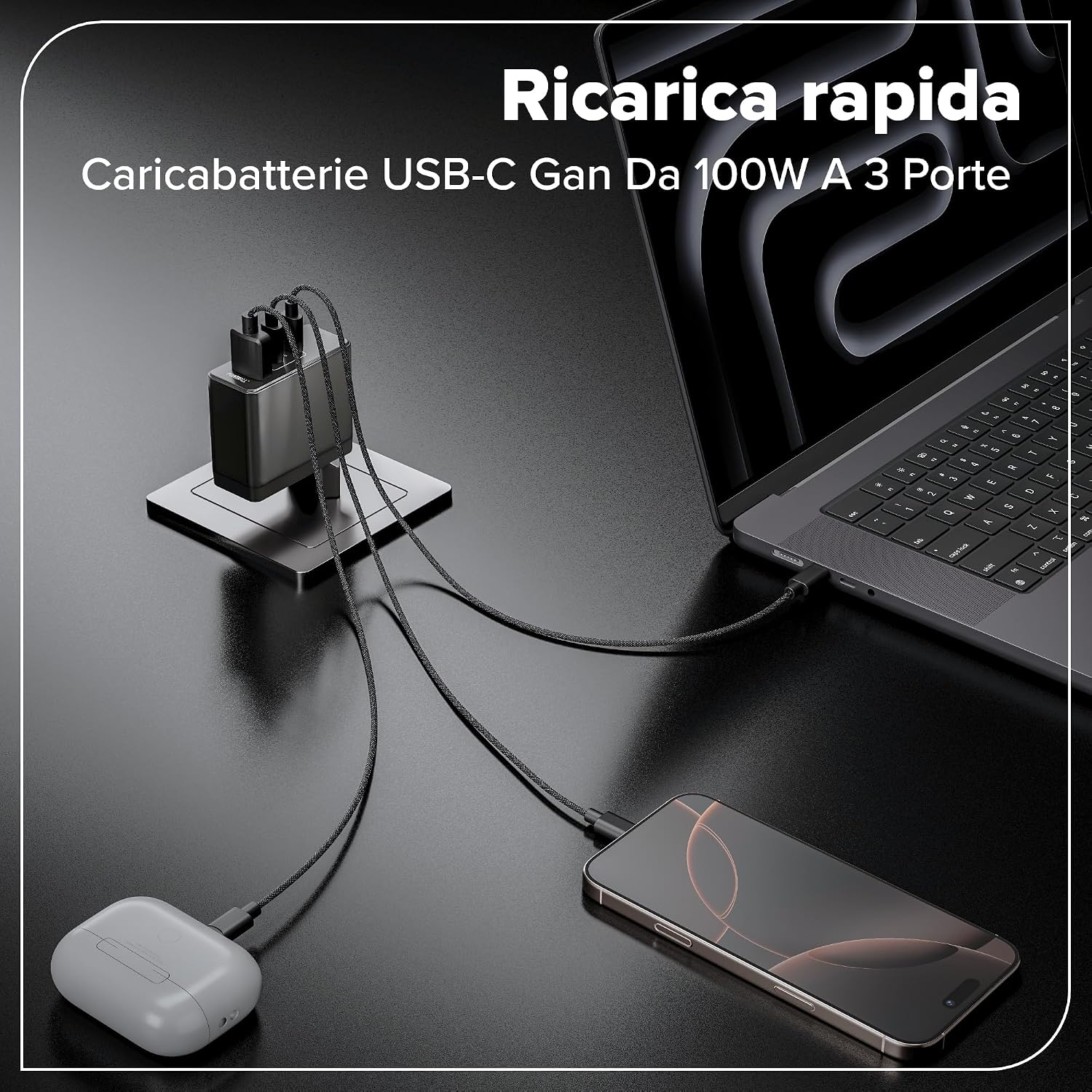 Detalle 2 de Greenworks Caricatore USB‑C rapido 100W con 3 porte PPS – Compatibilità Ampia e Design Compatto