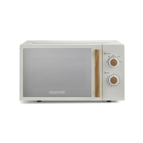 Detalle de GEEPAS NordiQ 20L Microwave Oven: 700W, 5 Power Levels, 35-Minute Timer in Cream