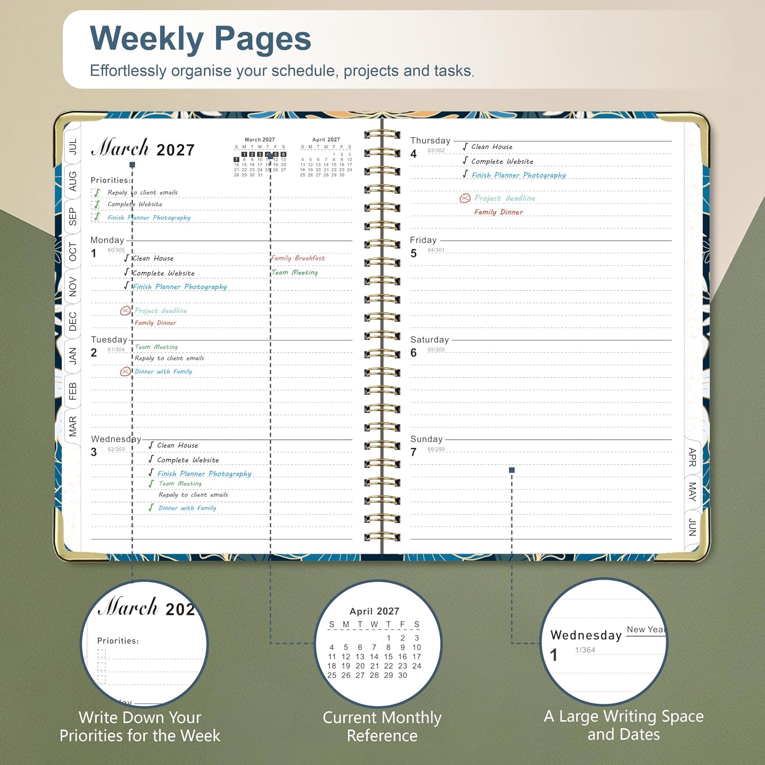 Detalle de NEYSA Diary 2026/2027 Week to View – A5 Academic Diary (July 2026–June 2027) with Self-Adhesive Pen Loop, Ruler Bookmark & Stickers