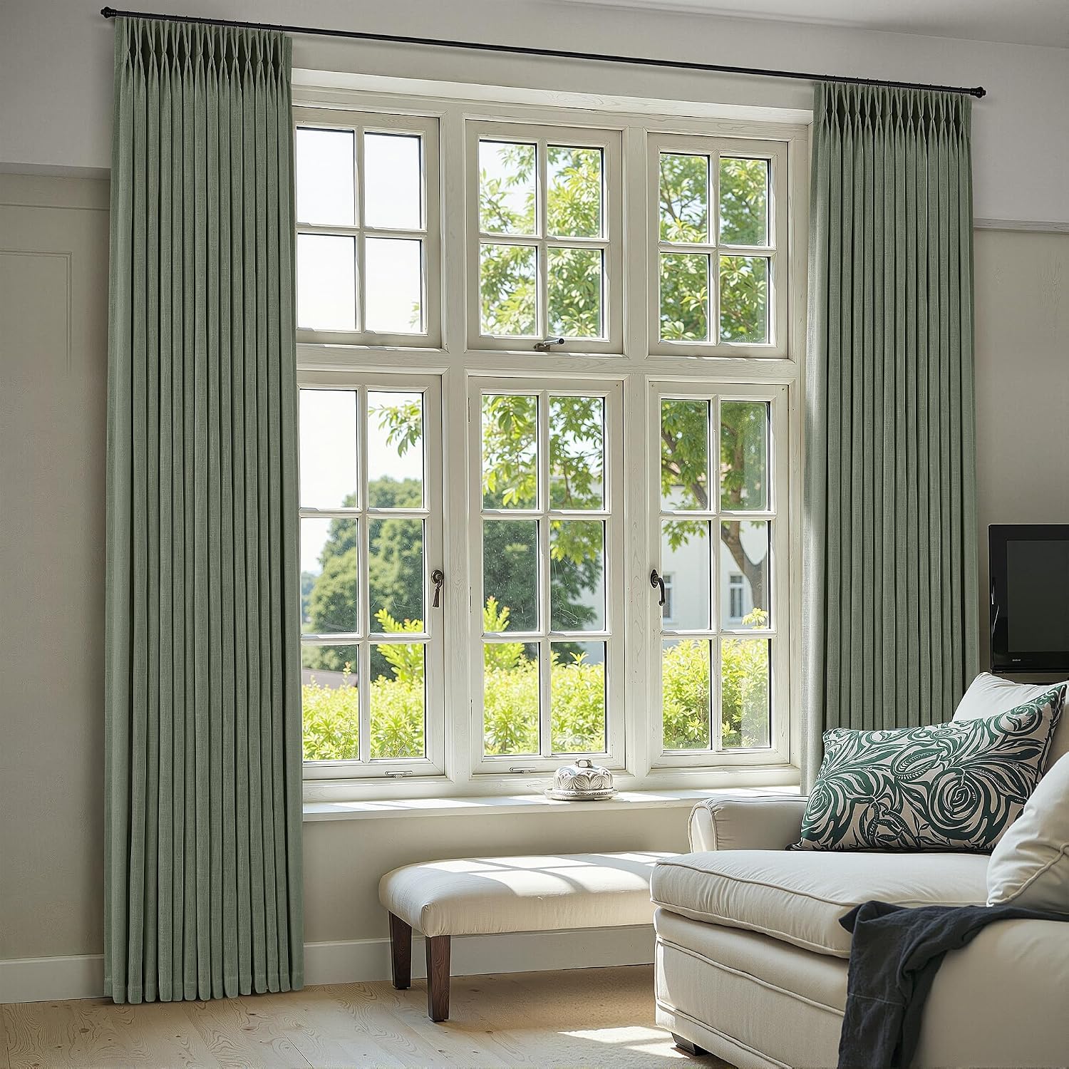 Thumbnail 5 de COMON HOME Sage Green Pinch Pleated Linen Curtain (102 Inches) with Rings, Hooks, Clips, Back Tab – Light Filtering, Boho Farmhouse Style