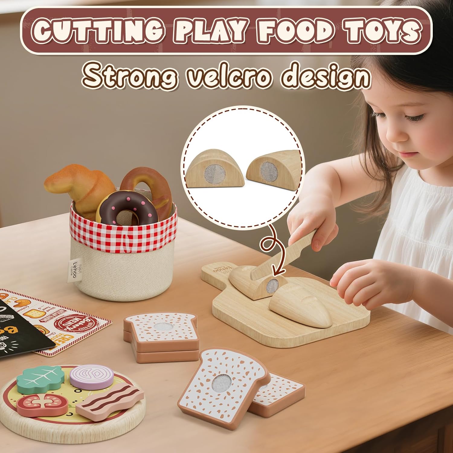 Thumbnail 4 de Lehoo Castle wooden play food baking set with pizza toys and Velcro cutting pieces