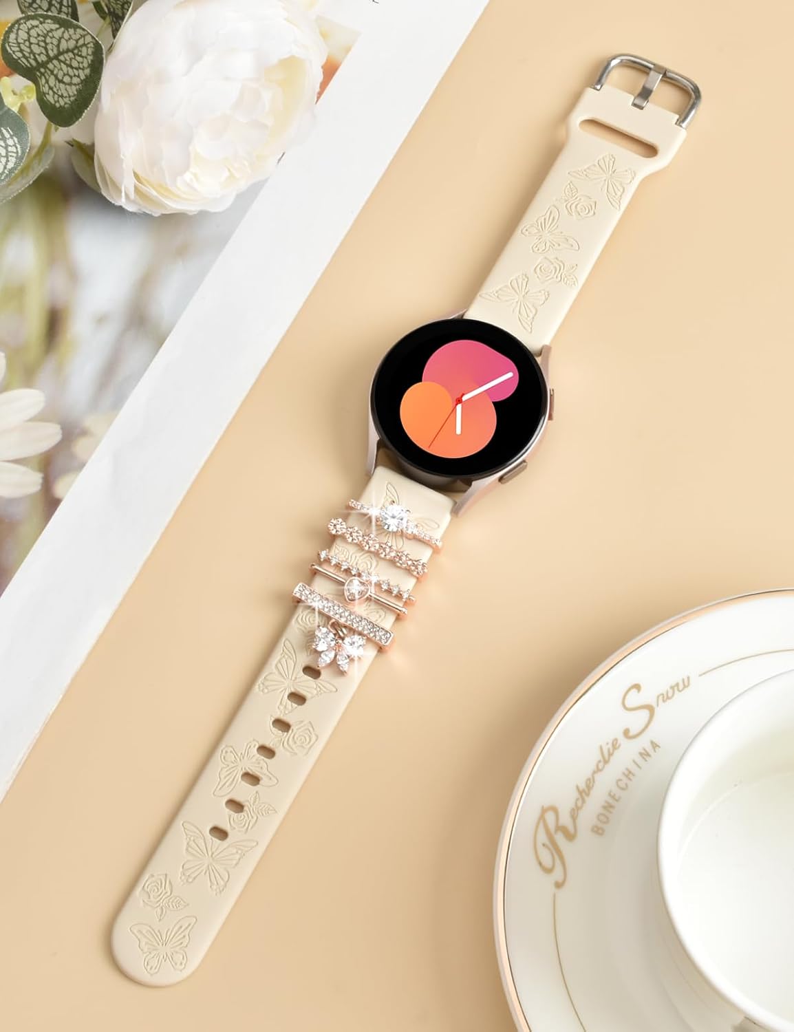 Thumbnail 1 de Vozehui Engraved Strap for Samsung Galaxy Watch Series (40mm/44mm) – Soft Silicone with Flower Design and 20mm Lug Width