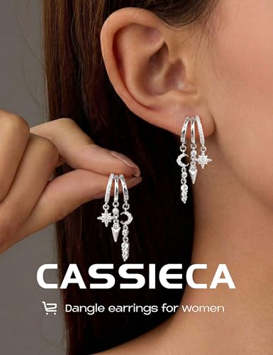 Detalle de CASSIECA Sterling Silver Dangle Earrings for Women – Triple Hoops with Cubic Zirconia