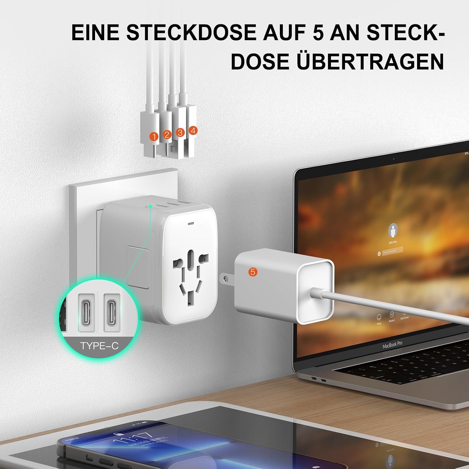 Detalle de VYLEE Reiseadapter Weltweit – 5-in-1 mit 2 USB-A, 2 USB-C und Universalsteckern
