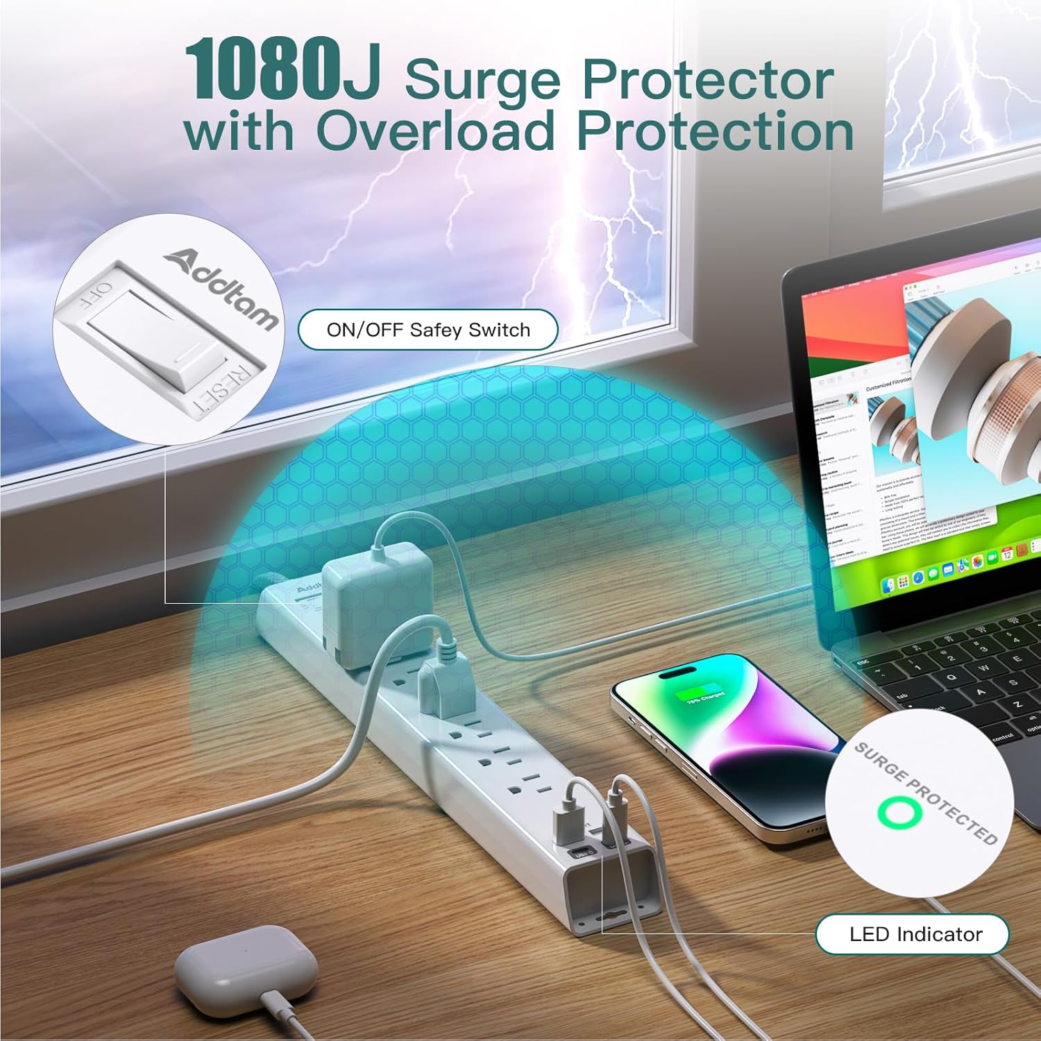 Thumbnail 6 de Extension Cord 10 ft Power Strip with 6-Outlets 2 USB-C 🔌