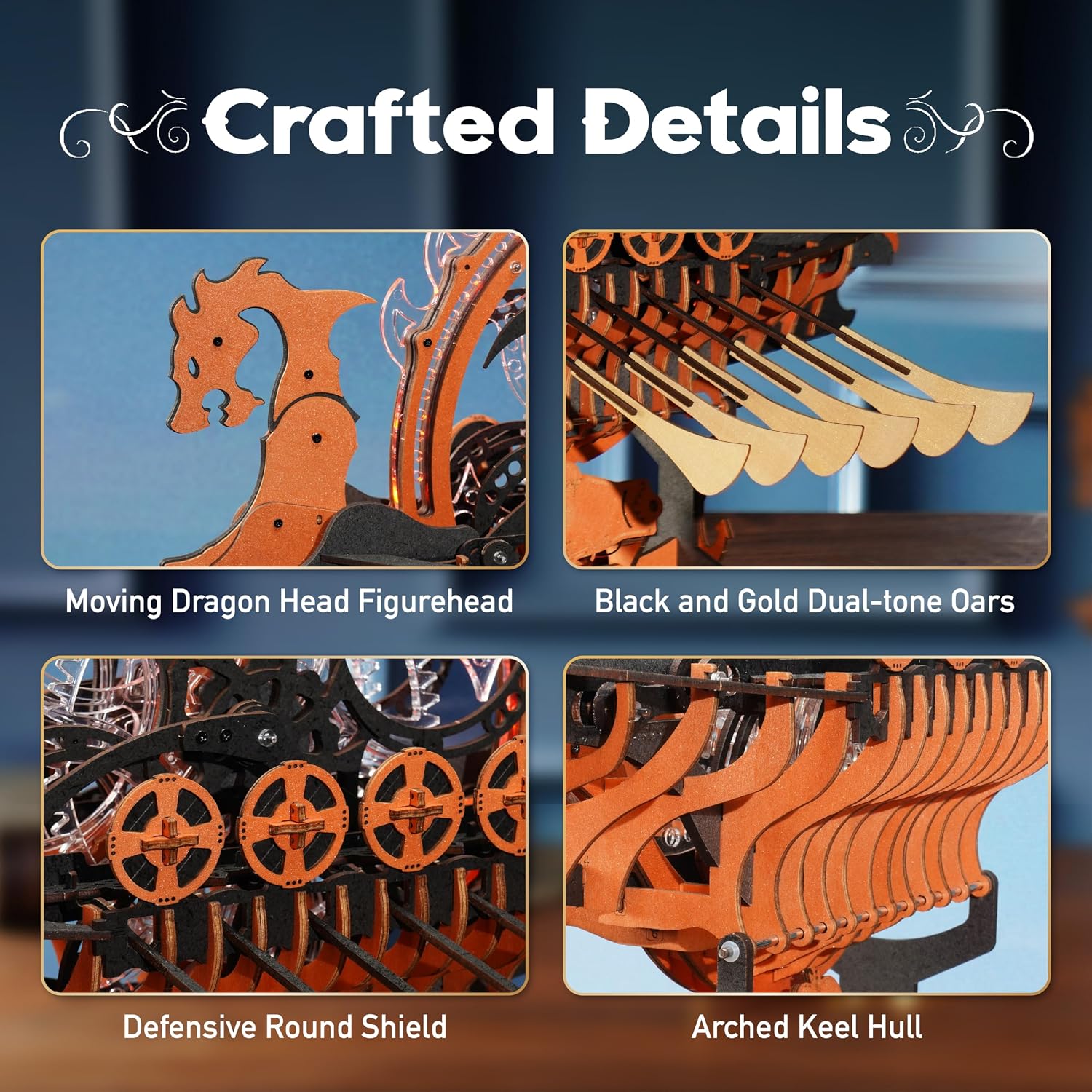 Detalle de Robotime LK802 Viking Dragon Ship 3D wooden model kit with motor and LED light