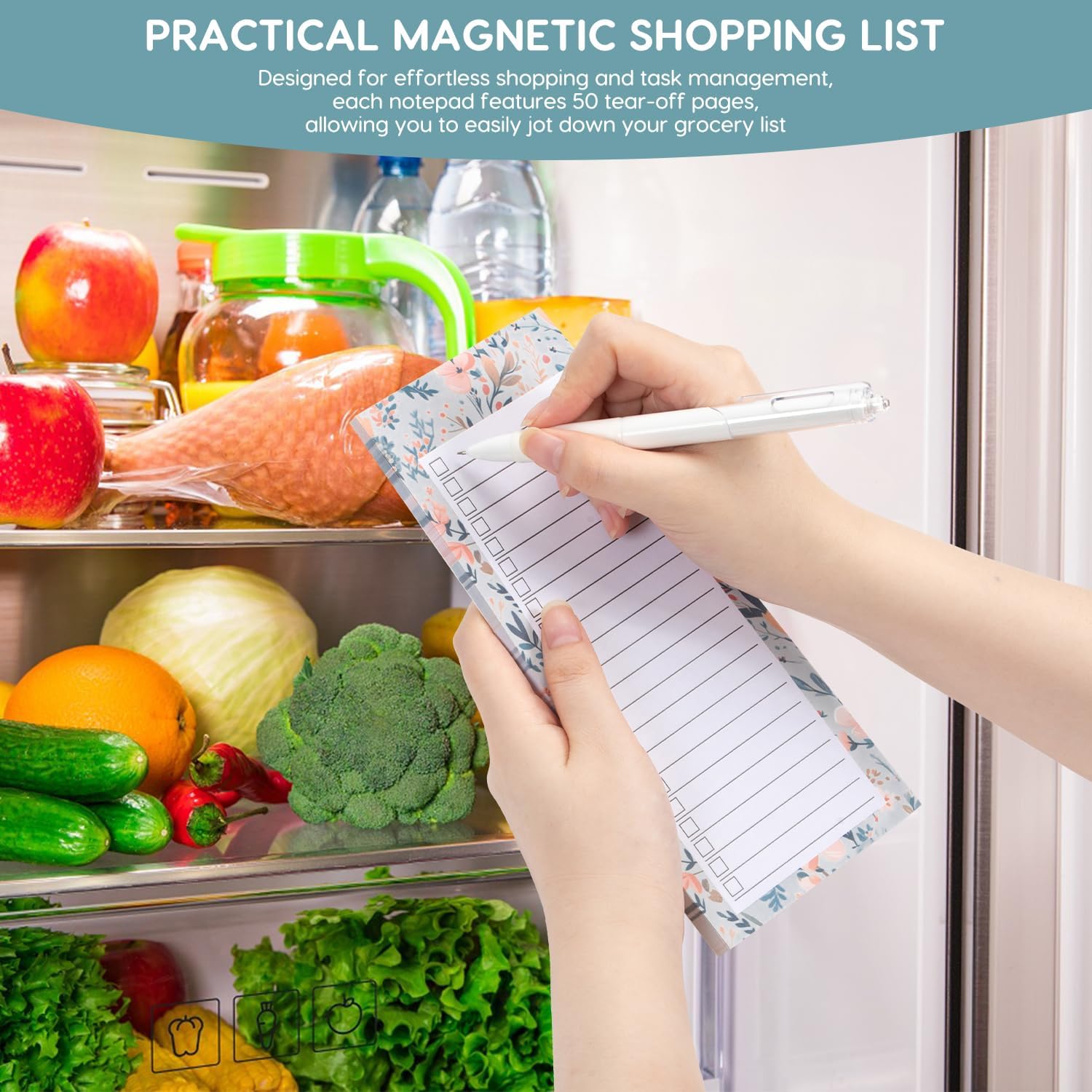 Detalle 1 de YIREG 4-Pack Magnetic Fridge Notepads with Floral Design and Pen Holder