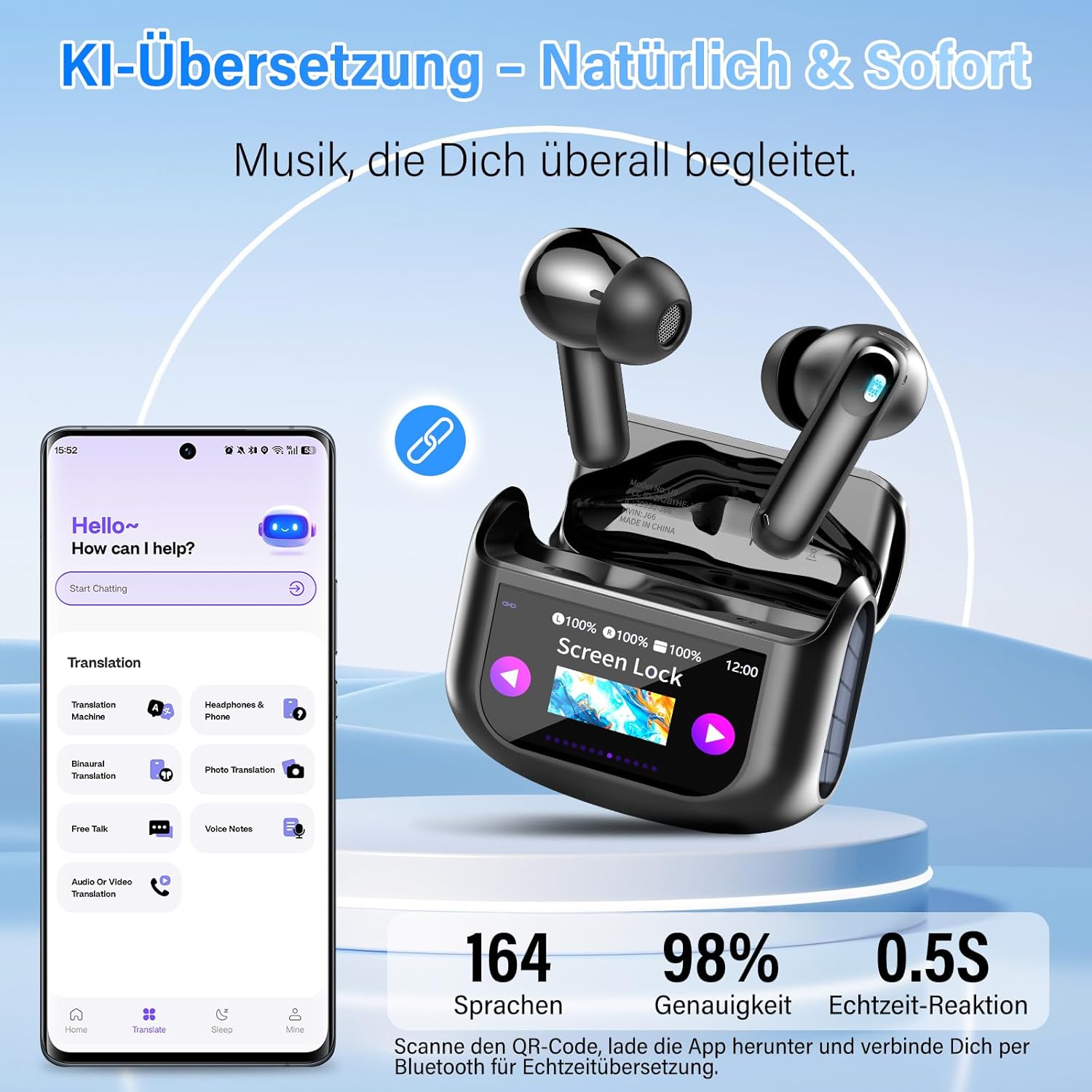 Thumbnail 1 de KI Übersetzer Kopfhörer 3-in-1 Echtzeit-Sprachübersetzer (164 Sprachen) mit ANC, Mic & App