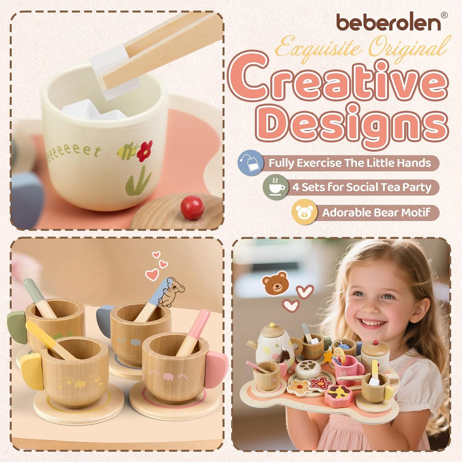 Detalle de Beberolen 31-Piece Wooden Tea Set for Toddlers – Pretend Play Kitchen Accessories