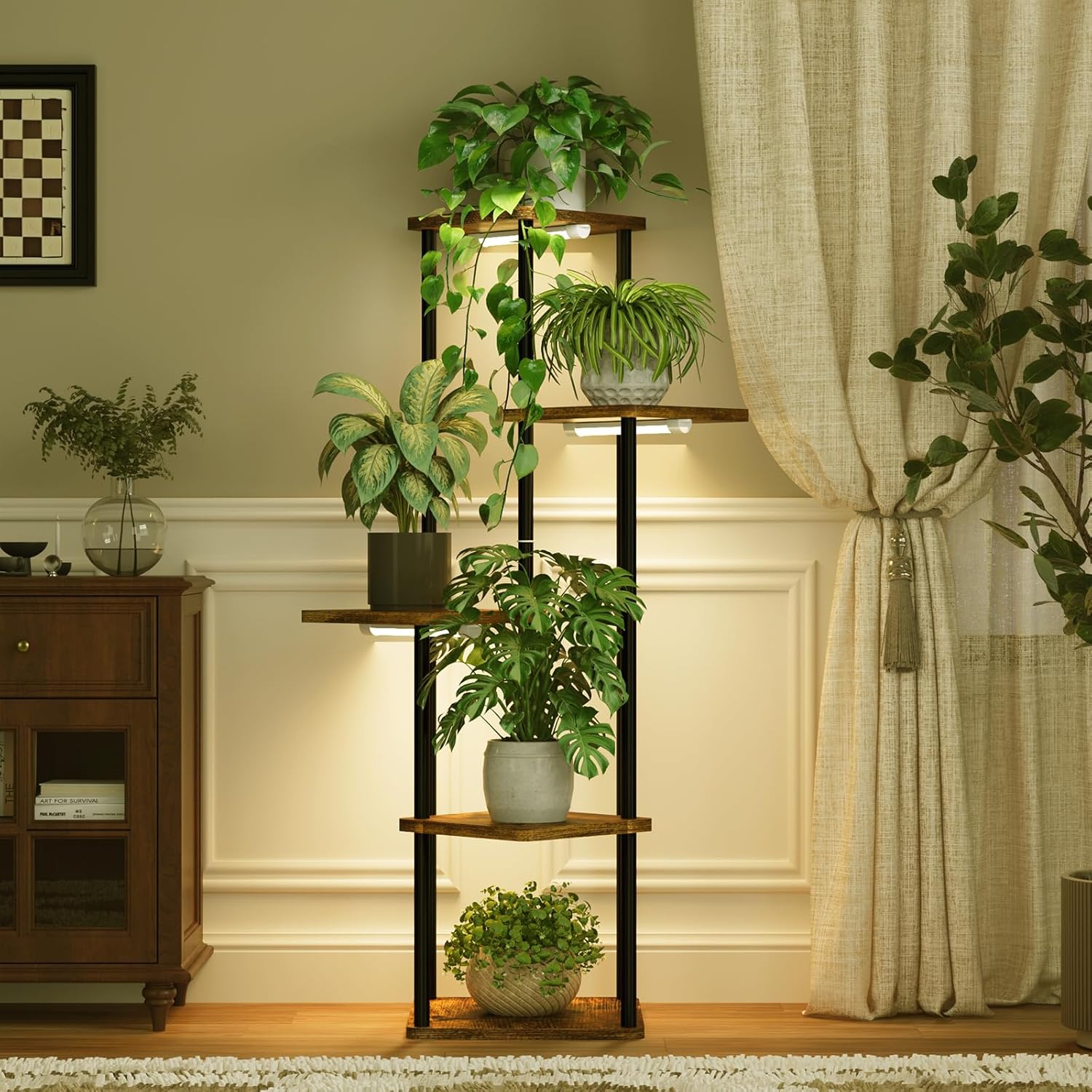 Thumbnail 3 de Bamworld Blumenständer mit Pflanzenlampe – 5-stufiges Regal aus Metall & Holz mit LED-Beleuchtung