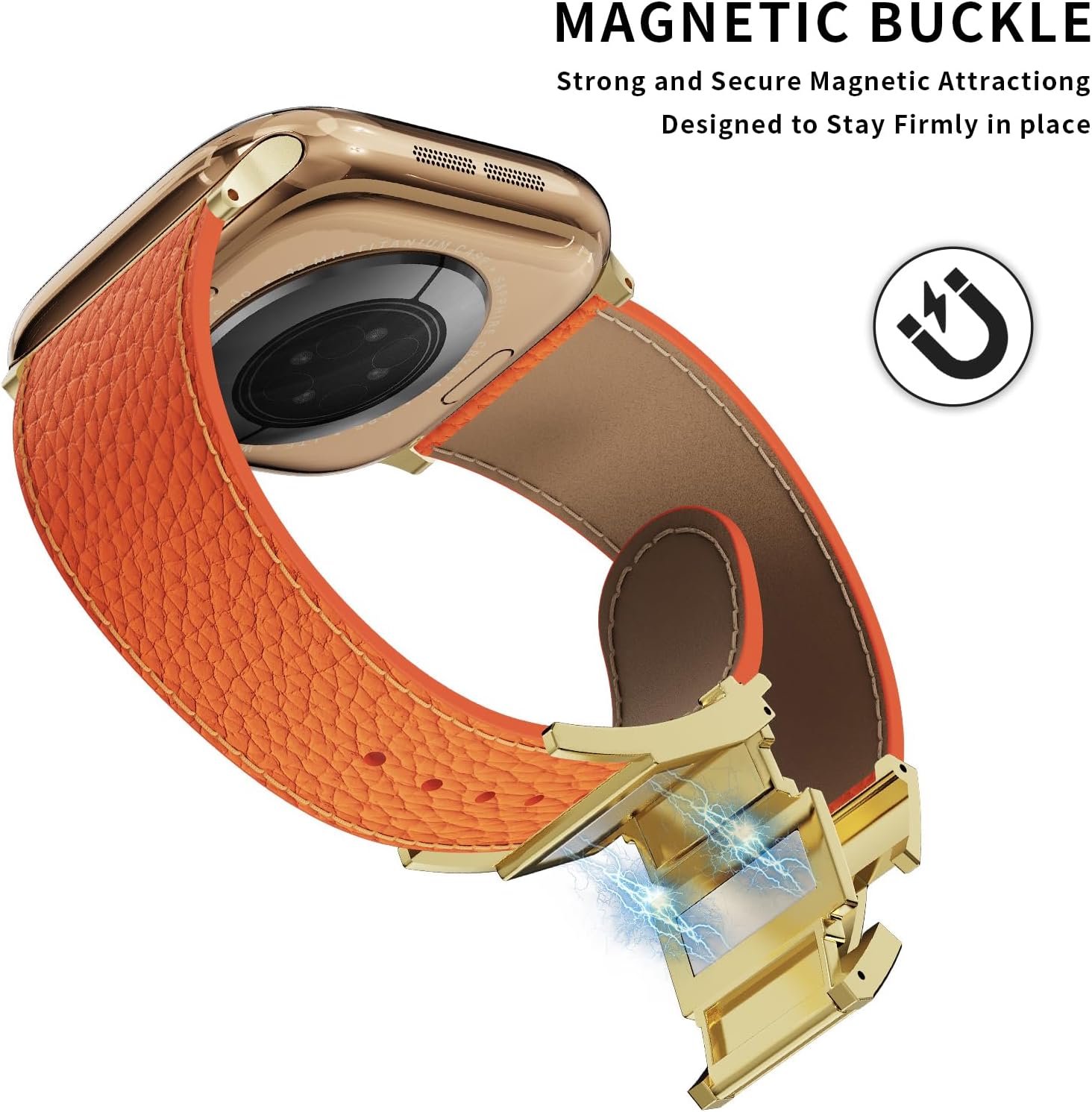 Detalle de Leather Watch Band with Magnetic Buckle for Apple Watch Ultra & Series (Natural Cowhide) – Rugged replacement strap