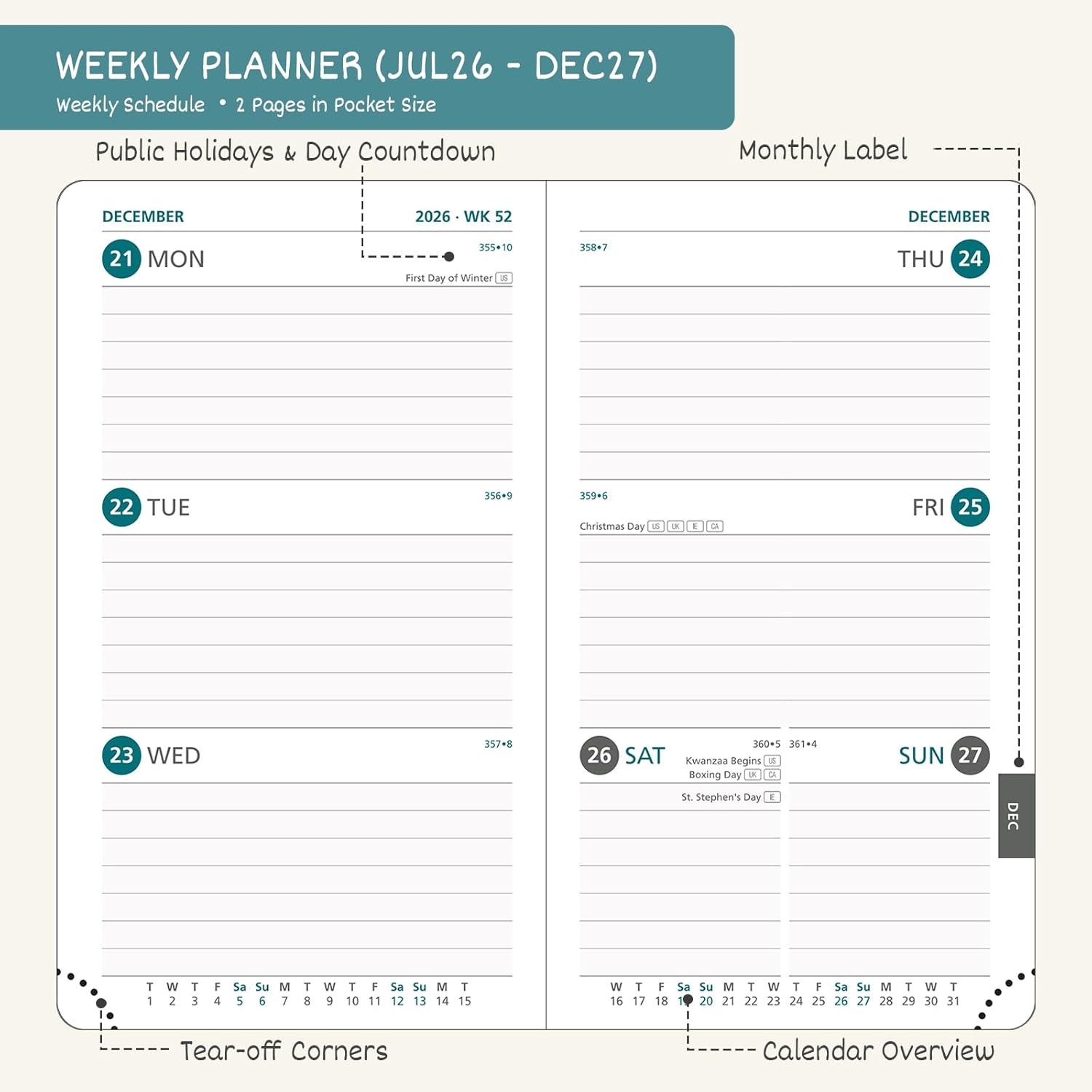 Thumbnail 1 de BEZEND Pocket Diary 2026–2027 Week to View (A6, Lavender) with pen holder and inner pocket