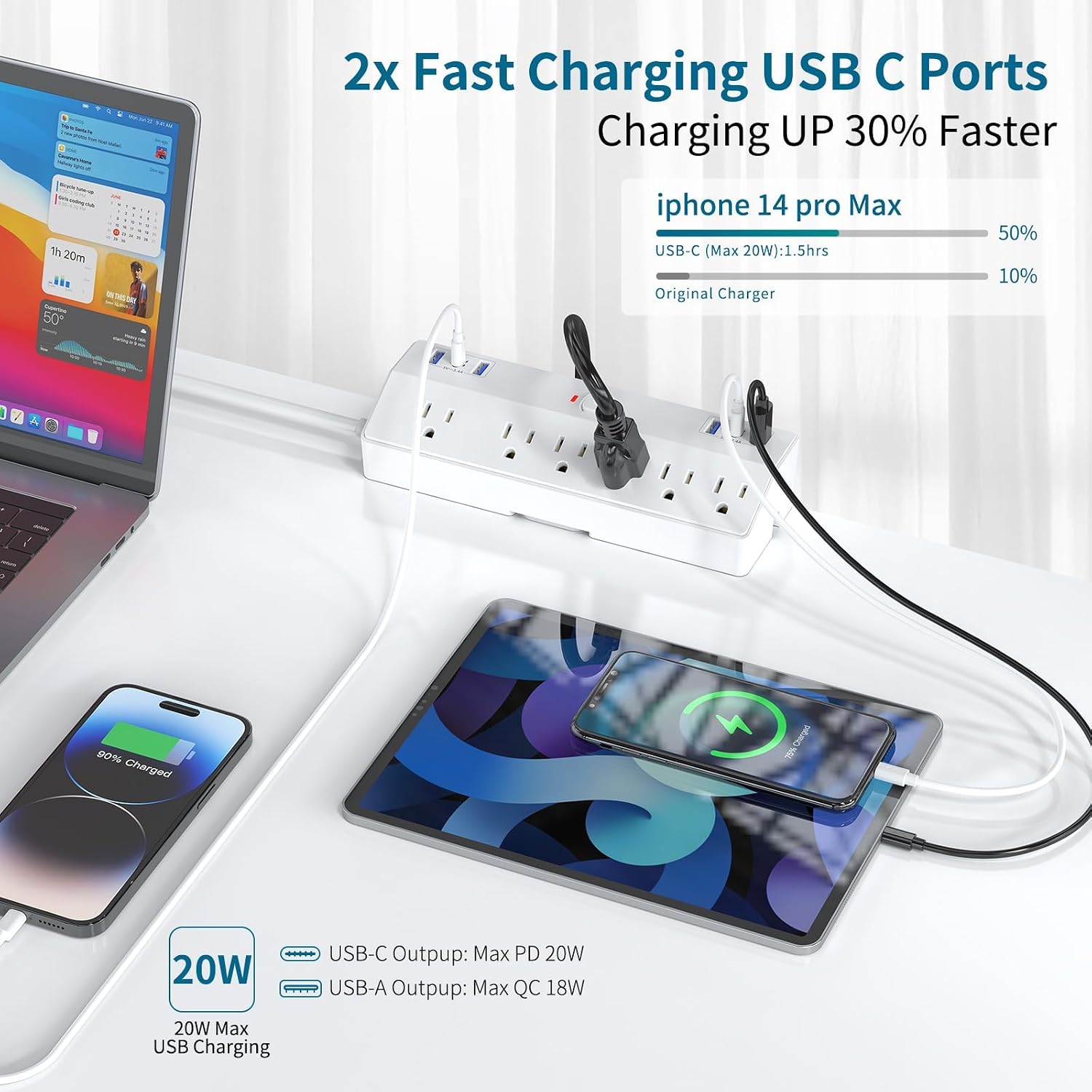 Detalle 2 de JXGUCAT Desk Clamp Power Bar, 6 AC Outlets, 6 USB Ports, 10 ft Cord