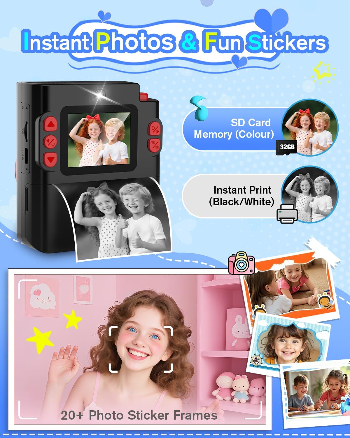 Thumbnail 3 de MYSTILUCK appareil photo instantané pour enfants (1080P) avec impression thermique, carte 32 Go et papier photo