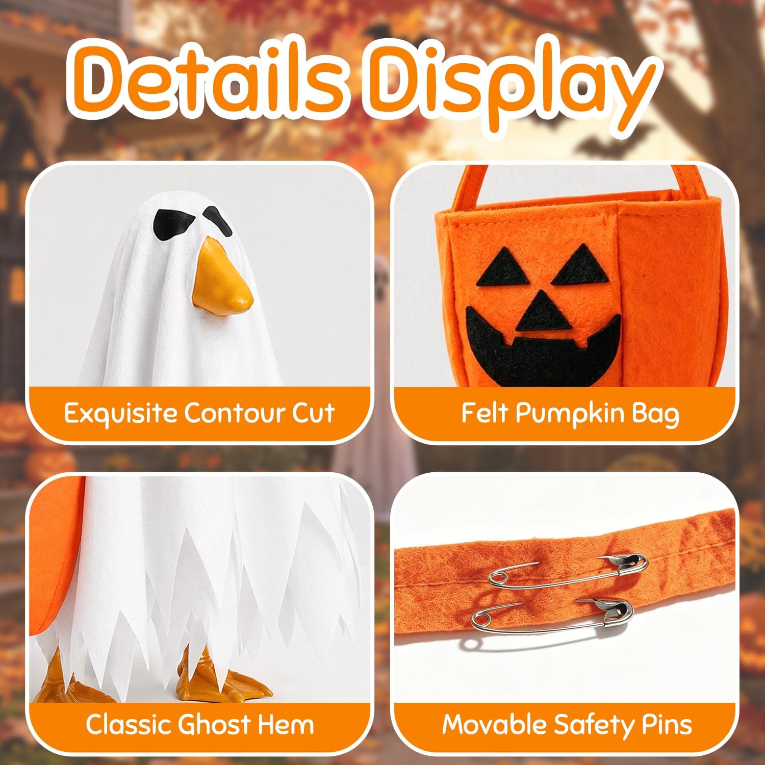 Detalle 2 de MEQUER Halloween Ghost Costume for 23-Inch Goose Statue with Pumpkin Bag