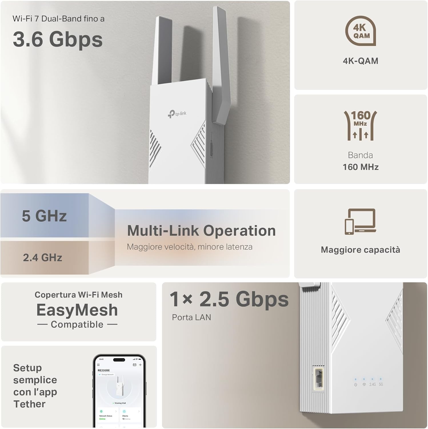Thumbnail 2 de TP-Link WiFi 7 RE225BE ripetitore WiFi dual-band fino a 3,6 Gbps con 1 porta Gigabit