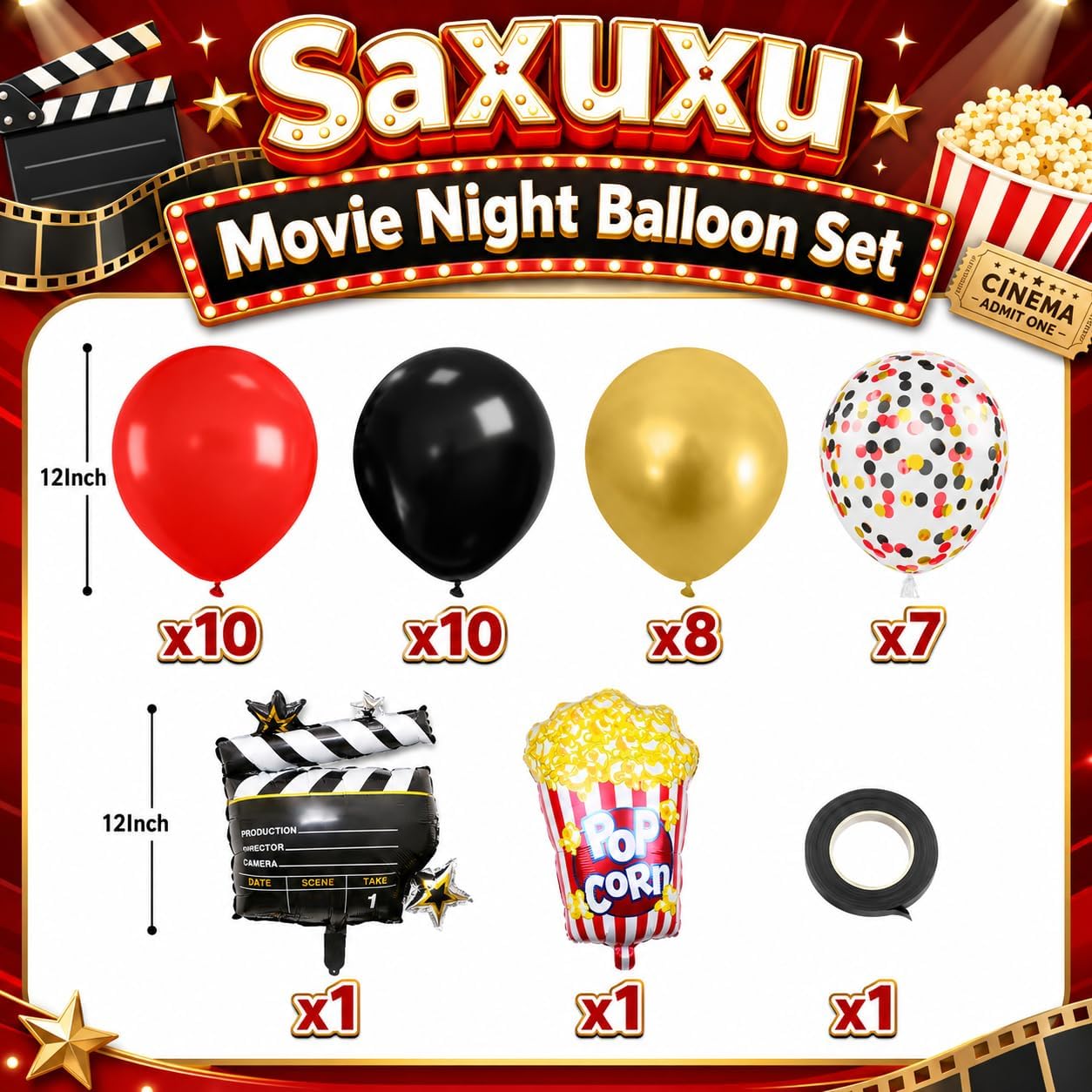 Detalle de Movie Night Party Balloons (35 pcs) Red, Black & Gold Confetti with Film Clapboard & Pop Corn Foil Balloon