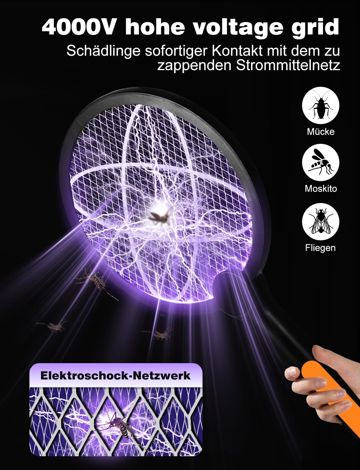 Thumbnail 3 de Bavmosek 4000V Elektrische Fliegenklatsche mit Ladestation – 2 in 1 USB, 1800 mAh Akku