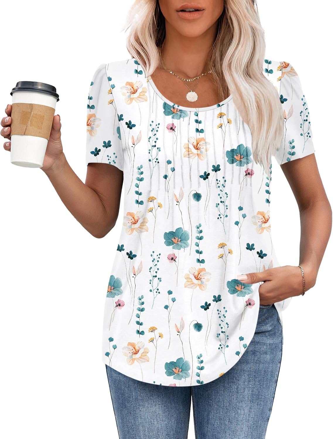 Thumbnail 6 de MOLERANI T Shirts for Women UK Round Neck Loose Casual Puff Short Sleeve Summer Tee Tops Front Pleated T Shirt