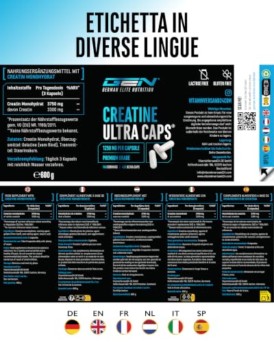 Detalle de GEN GERMAN ELITE NUTRITION Creatine Ultra Caps® - 420 Capsule: creatina monoidrato di alto dosaggio per chi cerca purezza