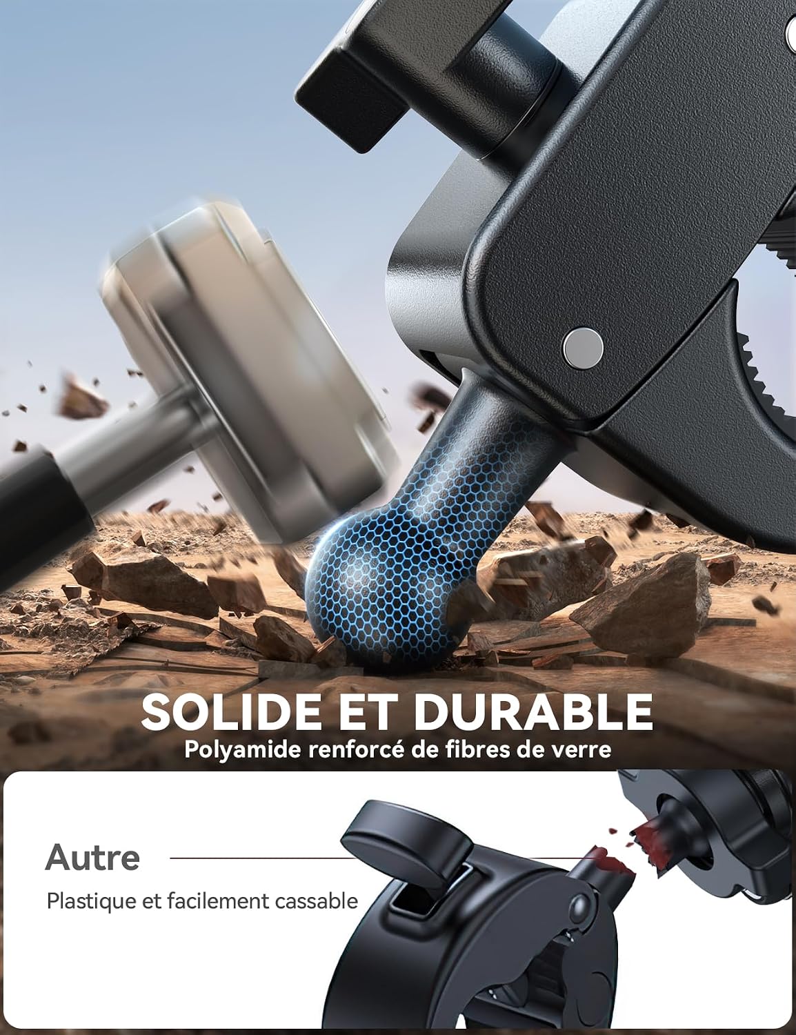 Detalle de JOYROOM Support de téléphone pour moto et vélo — double amortissement, ouverture en un clic et rotatif 360° pour iPhone 17