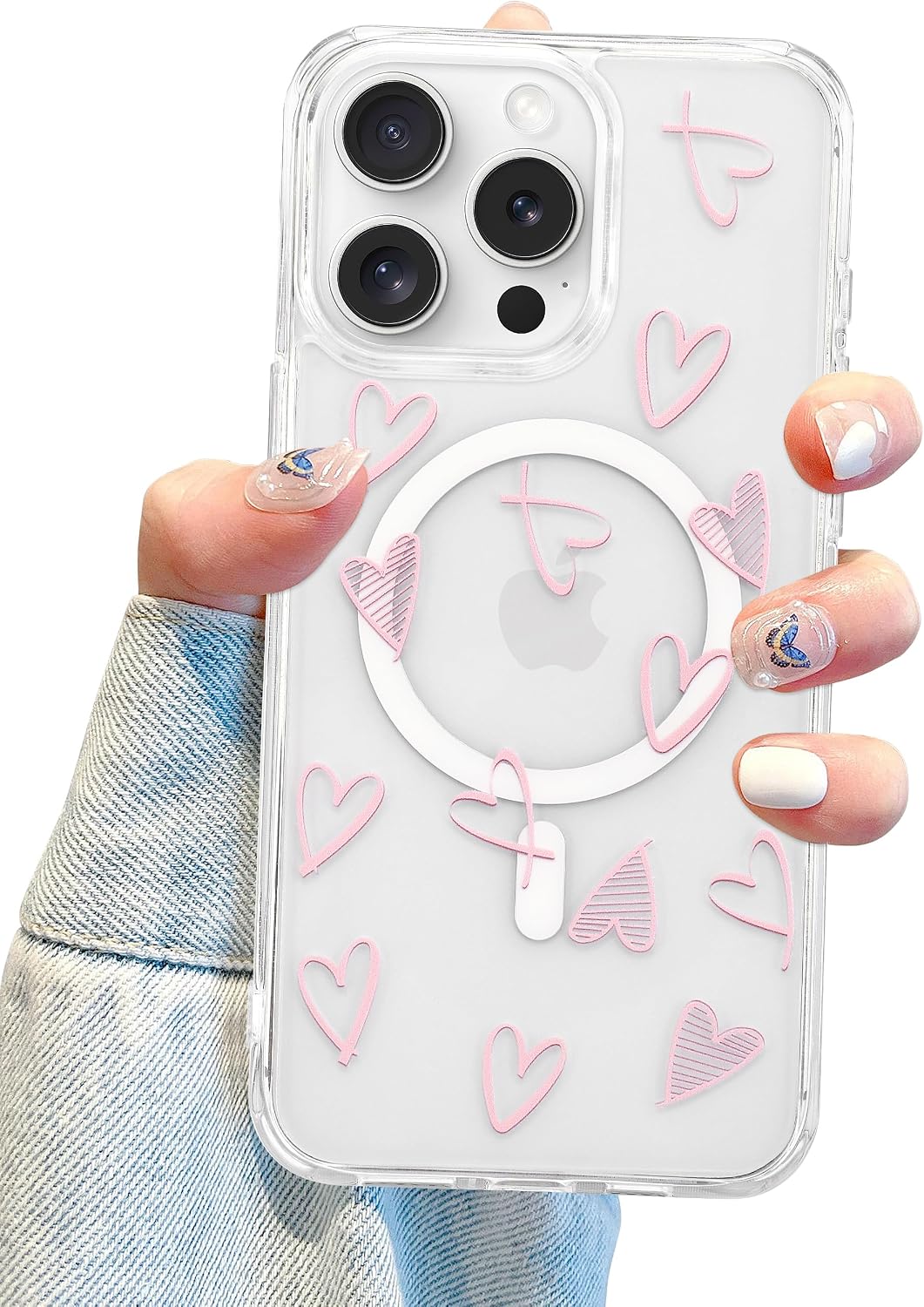 Detalle de Jusy Magnetic Heart Case for iPhone 14 Pro Max, Pink TPU, MagSafe-Compatible