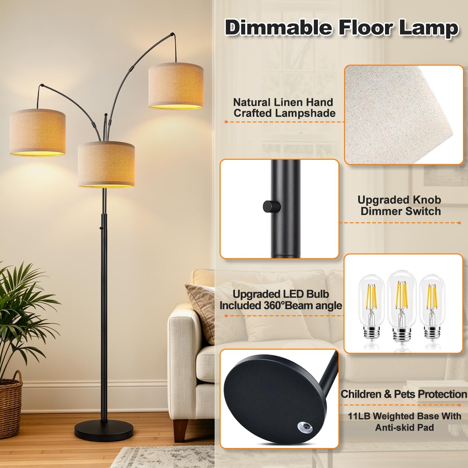 Thumbnail 3 de Nintiue Dimmable 3-Light Arc Floor Lamp with Beige Shades (E26, 1000LM, 203cm)
