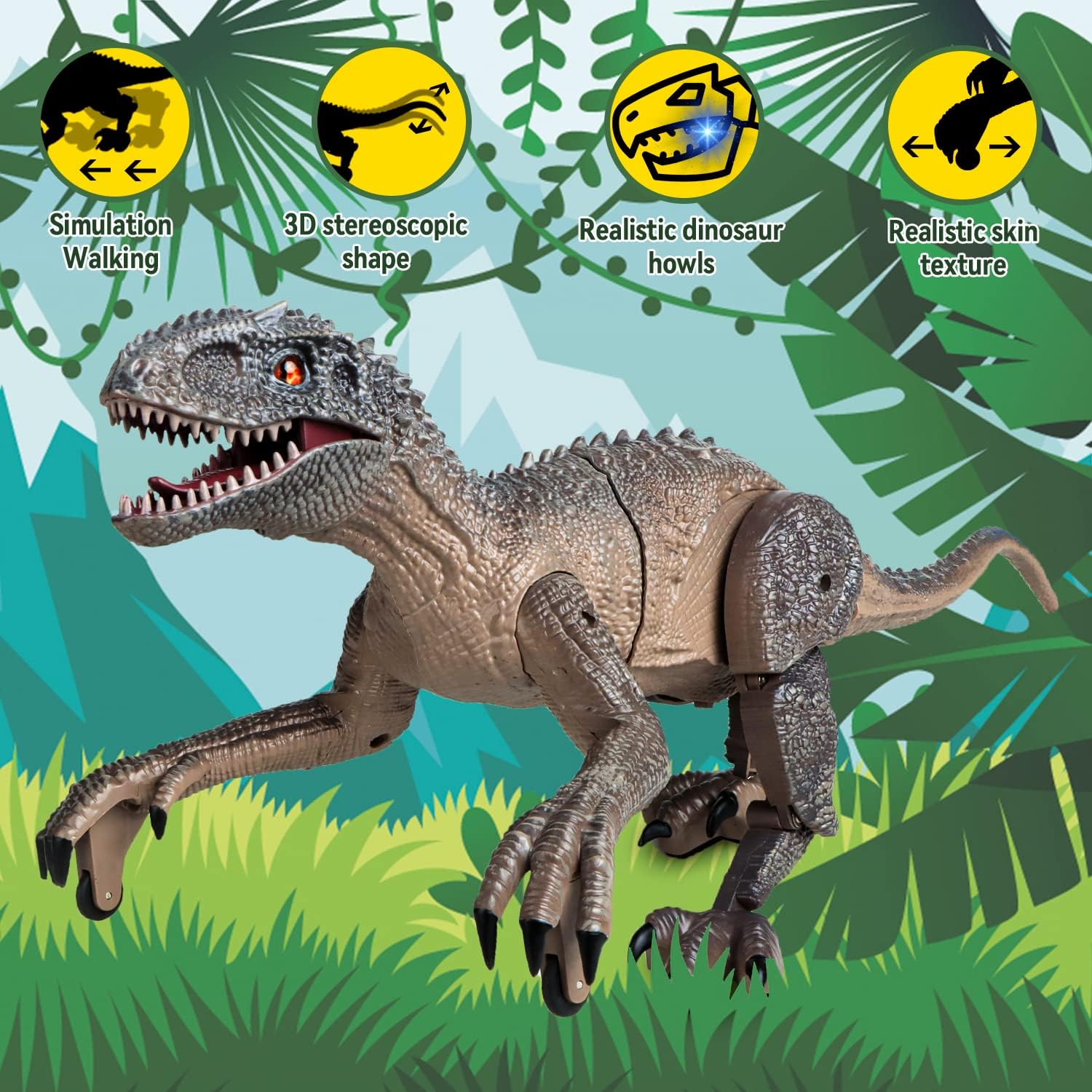Thumbnail 3 de Kizmyee Dinosaure Télécommandé Vélociraptor — Jouet réaliste avec marche, rugissement et yeux lumineux