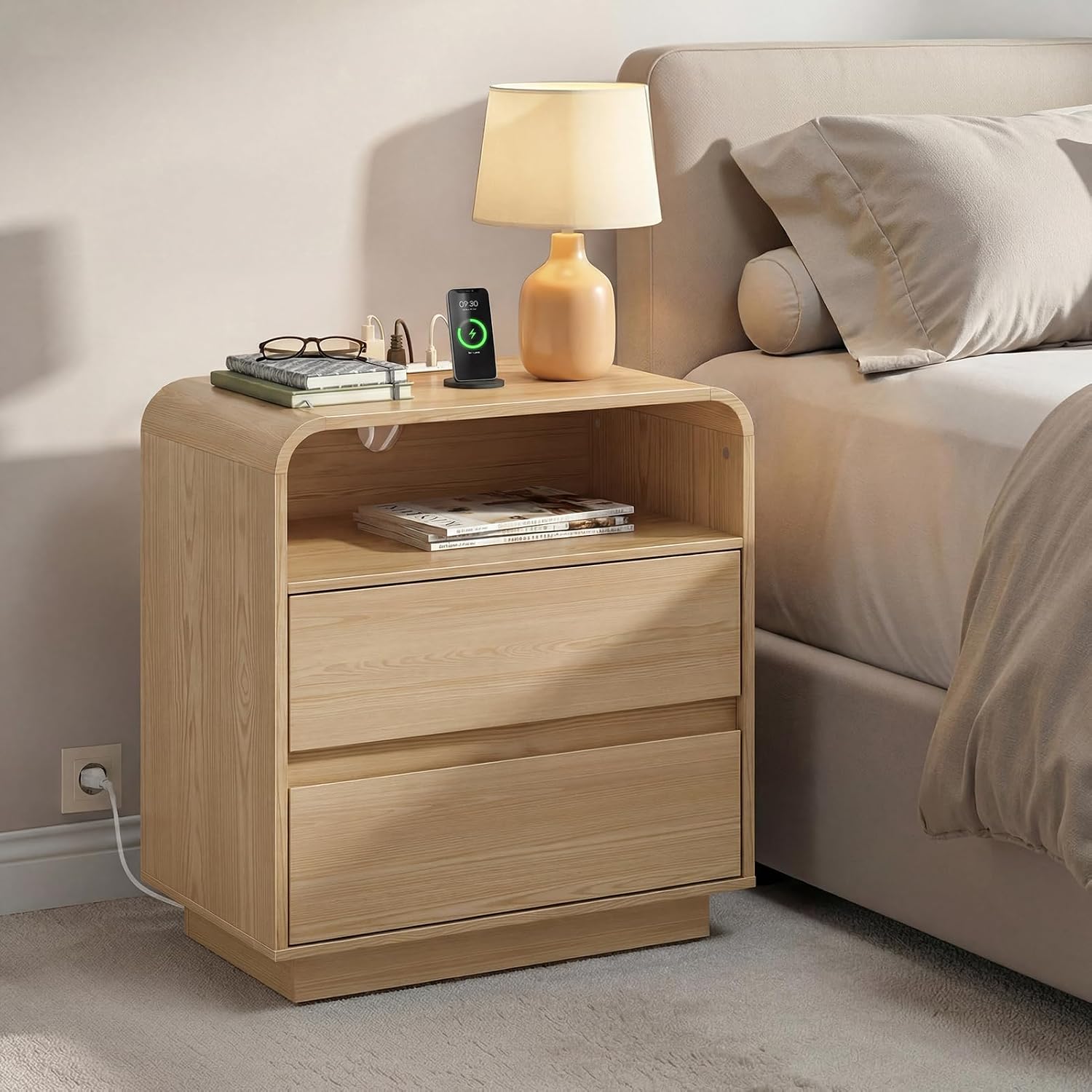 Detalle de Miucore FN-NS002 Natural Oak Nightstand with Charging Station and 2 Drawers