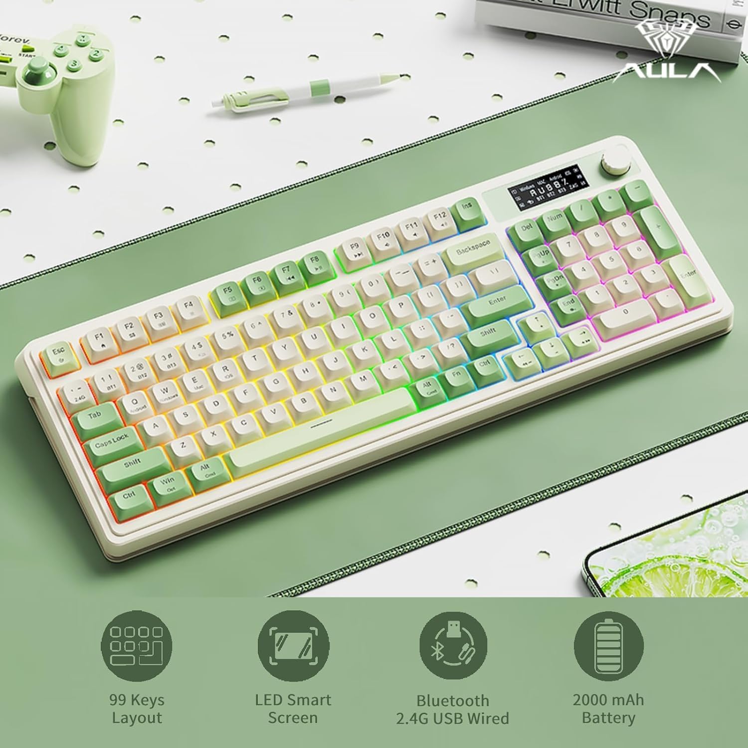 Thumbnail 1 de AULA S99 Pro Wireless Gaming Keyboard with Display Screen, Media Knob, Tri-Mode Connectivity (Bluetooth/2.4G/USB-C) — RGB Green