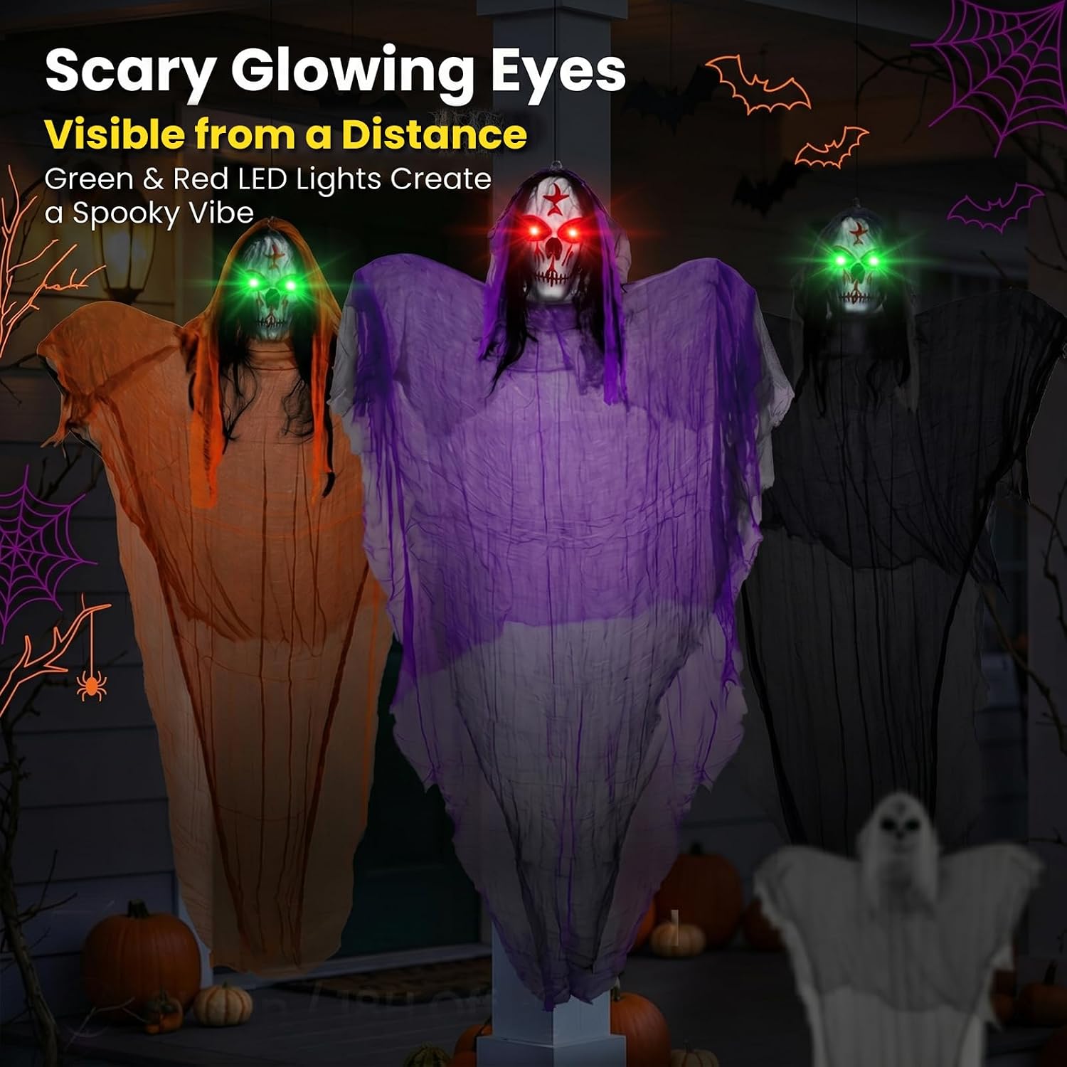 Detalle 2 de BCLGSHINE BCL267001 3-Pack Lighted Hanging Skeleton Ghosts, Red & Green Eyes