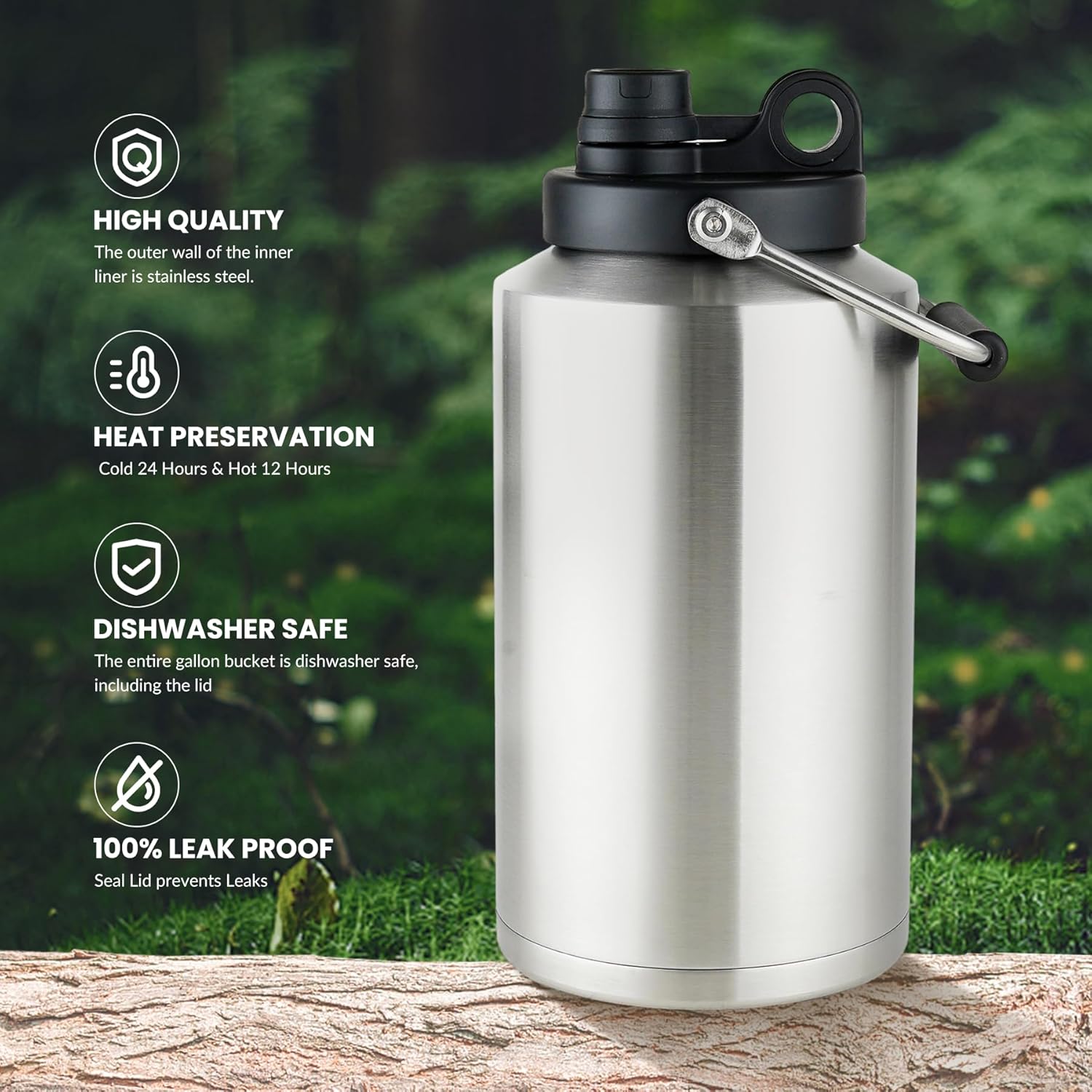 Detalle de 1 Gallon Insulated Stainless Steel Water Bottle (128 oz) — Large, Leakproof, Vacuum-Sealed Jug for Outdoor Work and Travel