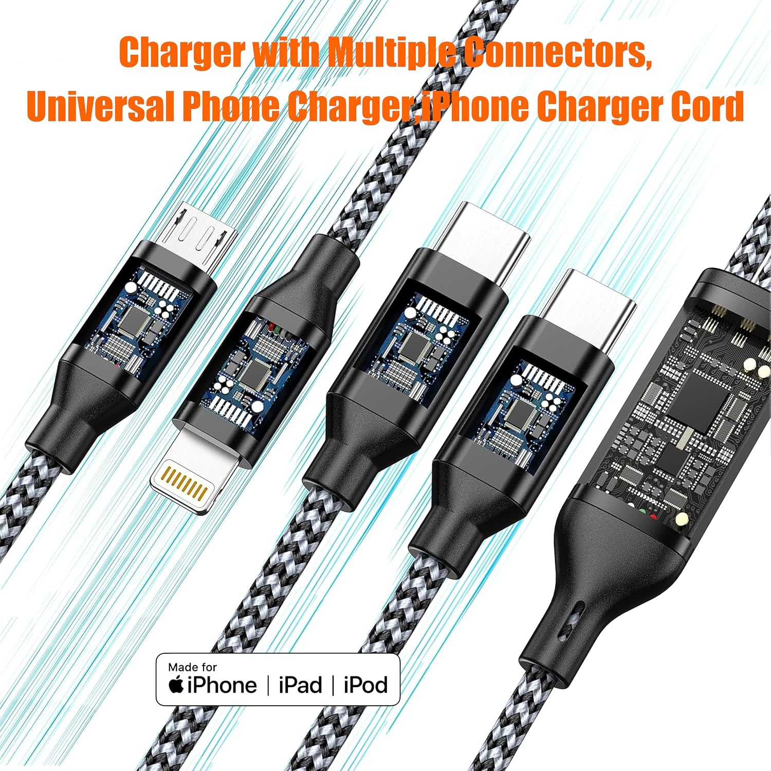Detalle 2 de Multi Charging Cable 4ft 2-Pack (MFi Certified) 4-in-1 USB-C, Lightning & Micro USB Nylon Braided Chargers