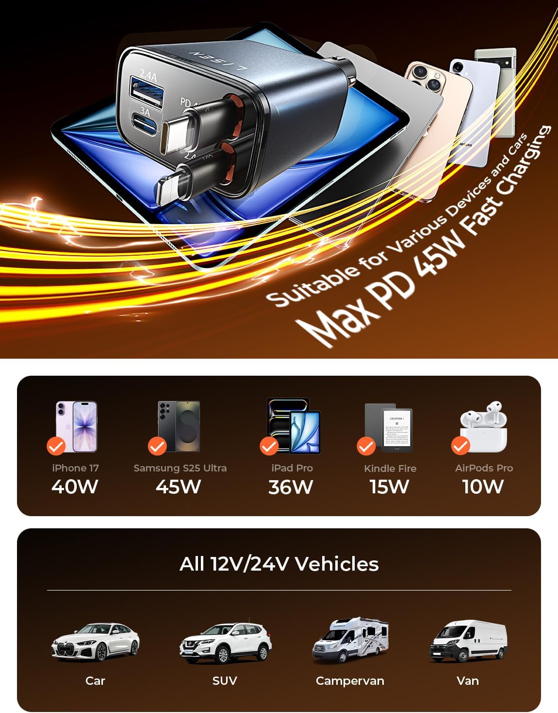 Thumbnail 6 de LISEN Retractable 69W Car Charger USB-C