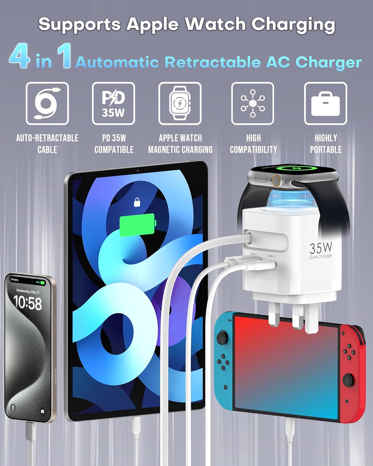 Detalle de 65W Retractable Wall Charger with Cables (3-Port) – GaN, USB-C & USB-A, for Apple Watch, iPhone, iPad, MacBook and more
