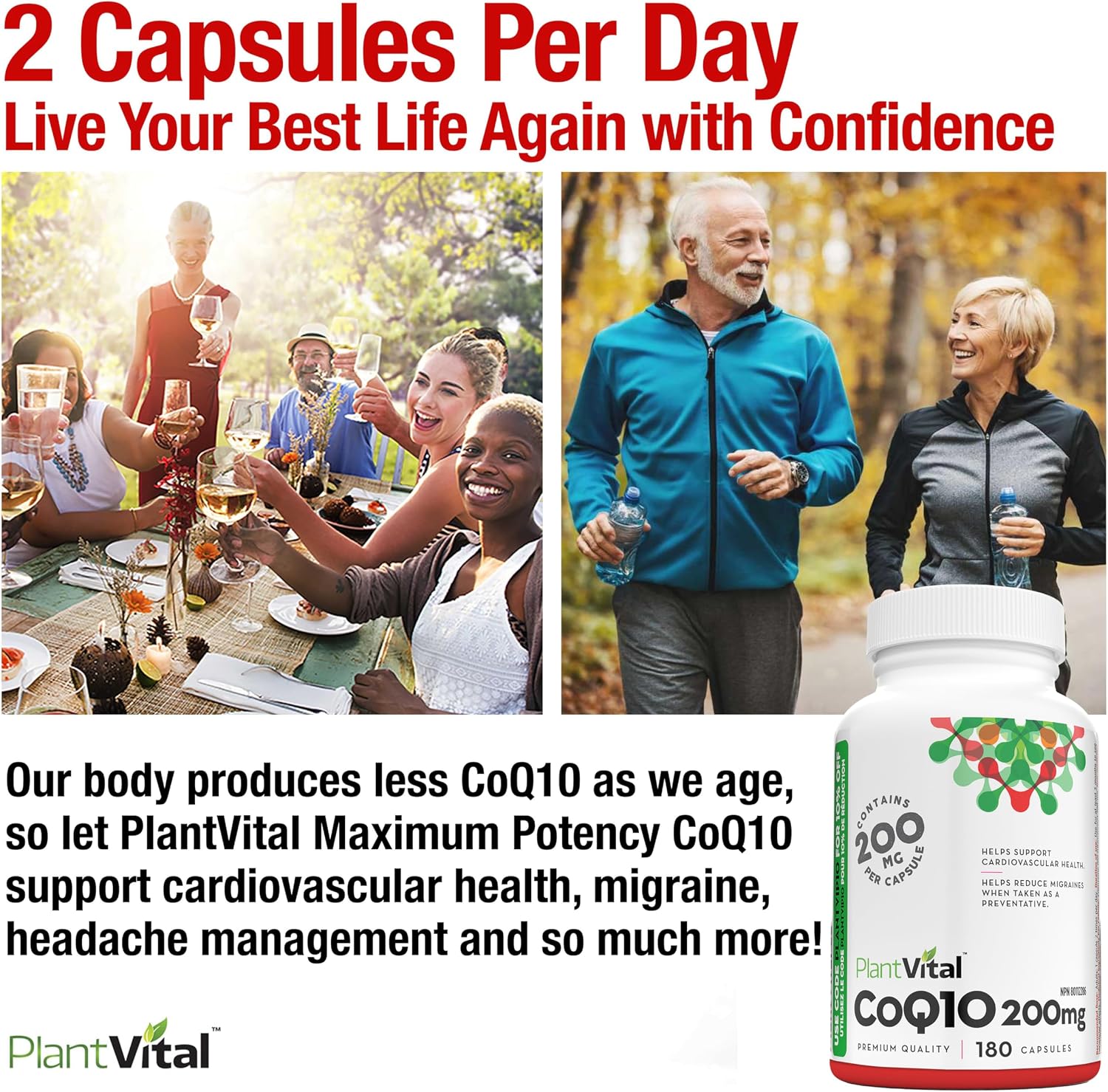 Detalle de PlantVital Coenzyme Q10 CoQ10 Supplement, 200 mg Vegan Capsules, 180 Count