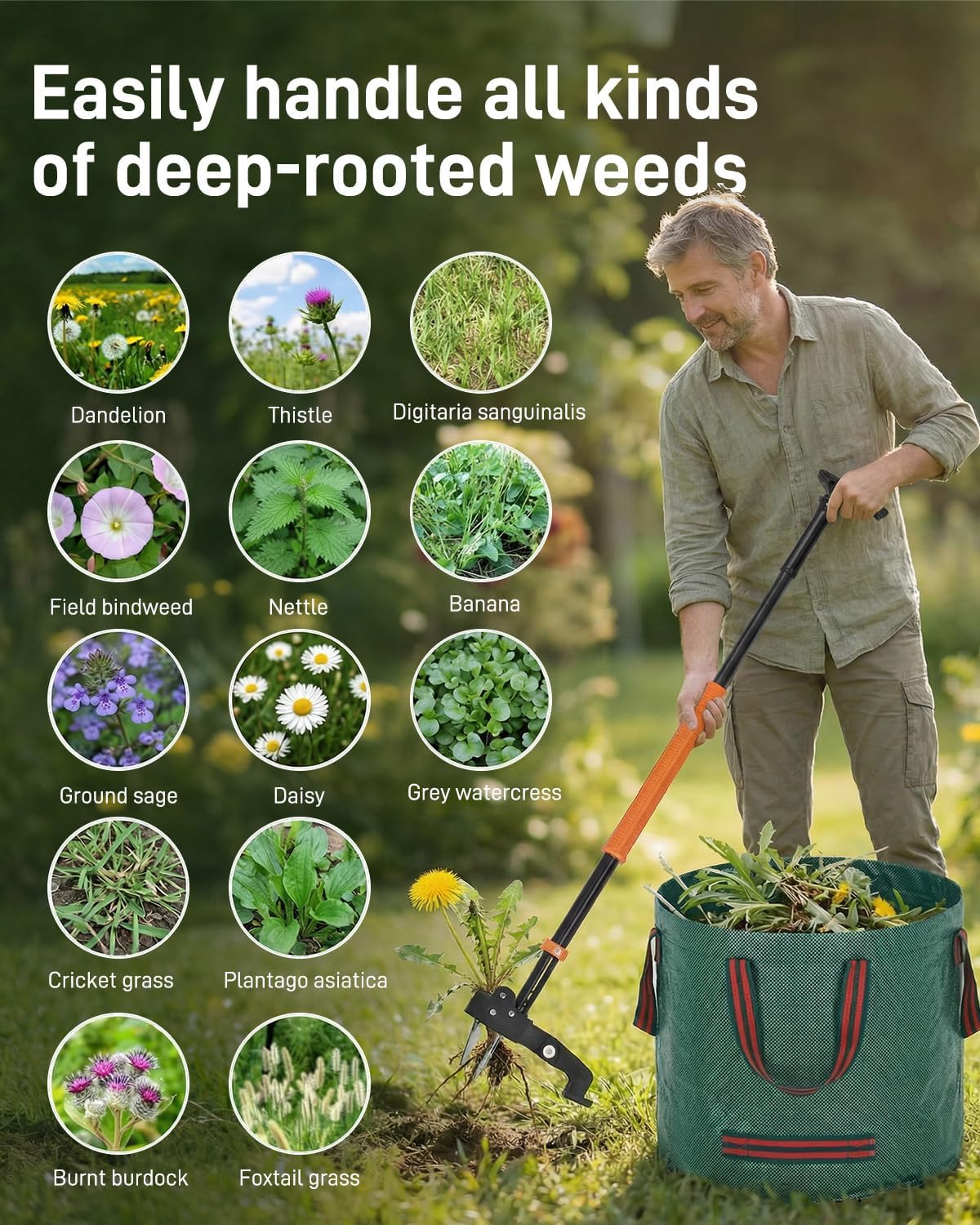 Detalle de FAUETI Weed Puller: Adjustable Stand-Up Weeding Tool with Ejector, 4-Claw Root Remover and 50L Leaf Bag