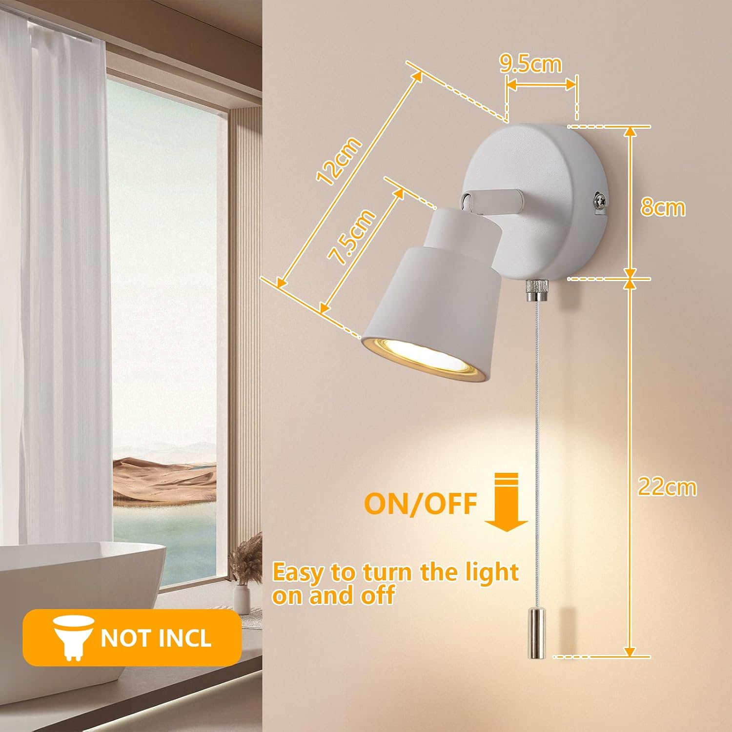 Thumbnail 1 de TaFiCo DK0076 witte wandlamp met GU10-fitting en trekschakelaar