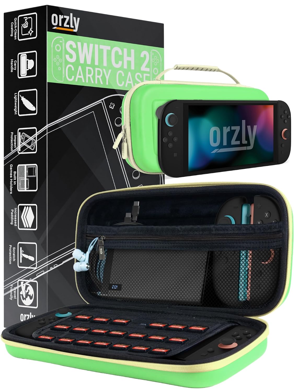 Thumbnail 6 de Orzly Tragetasche für Nintendo Switch OLED – harte Schutzhülle in Grün für Konsole, Joy-Controller & Zubehör