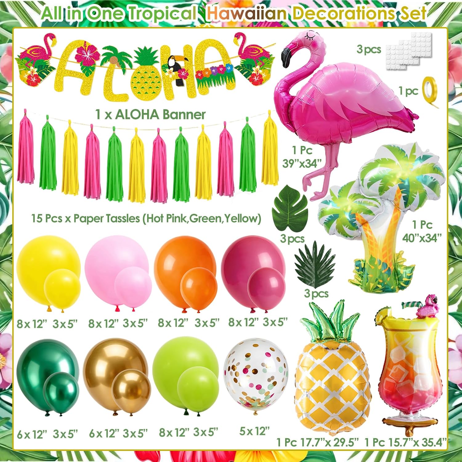Detalle de Hawaii Party Deko Set – Tropische Ballon Girlande mit Flamingo, Ananas und Aloha Banner